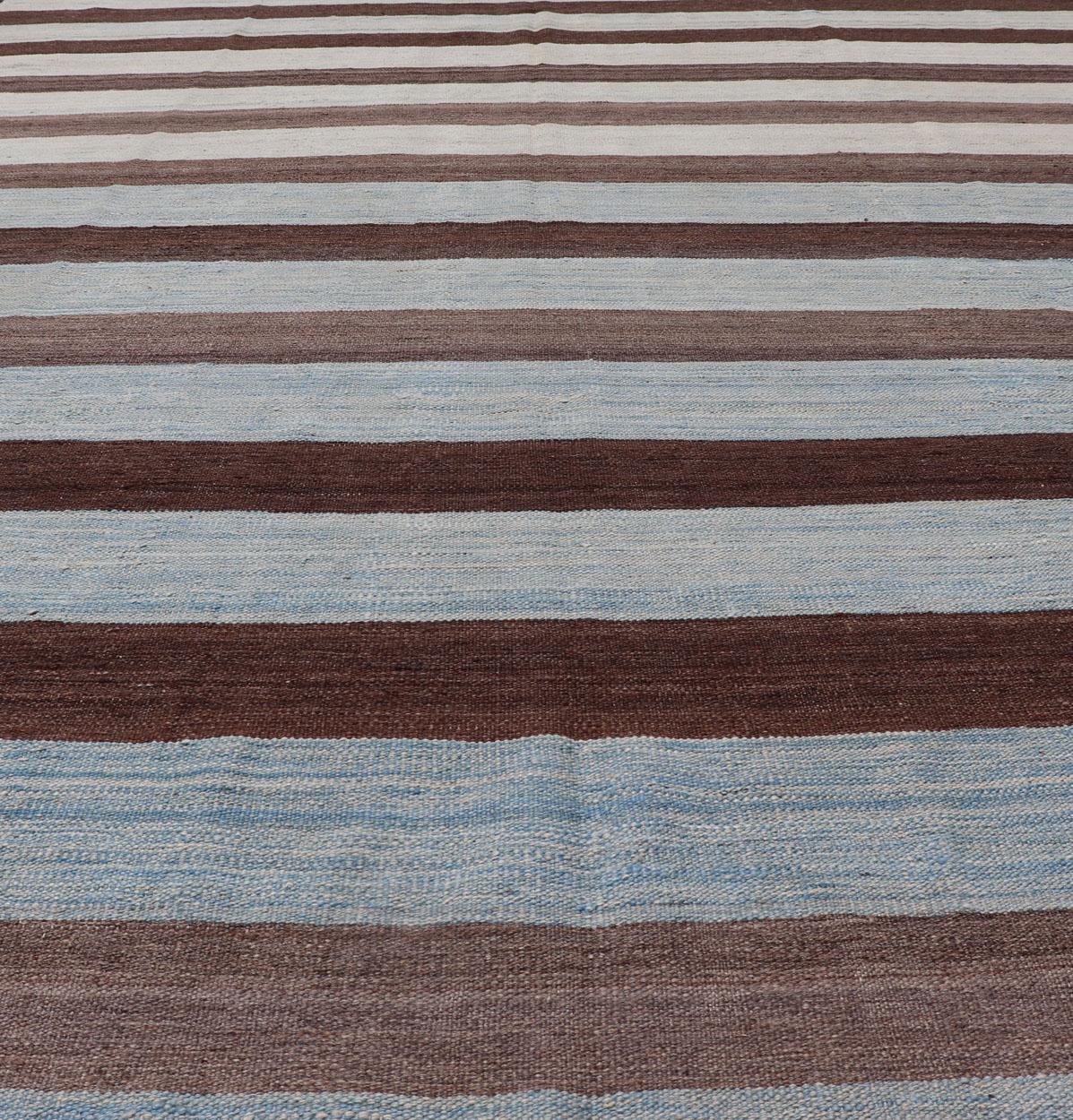Wool Modern Kilim Hand Woven Casual Rug with Stripes in Shades of Blue and Brown For Sale