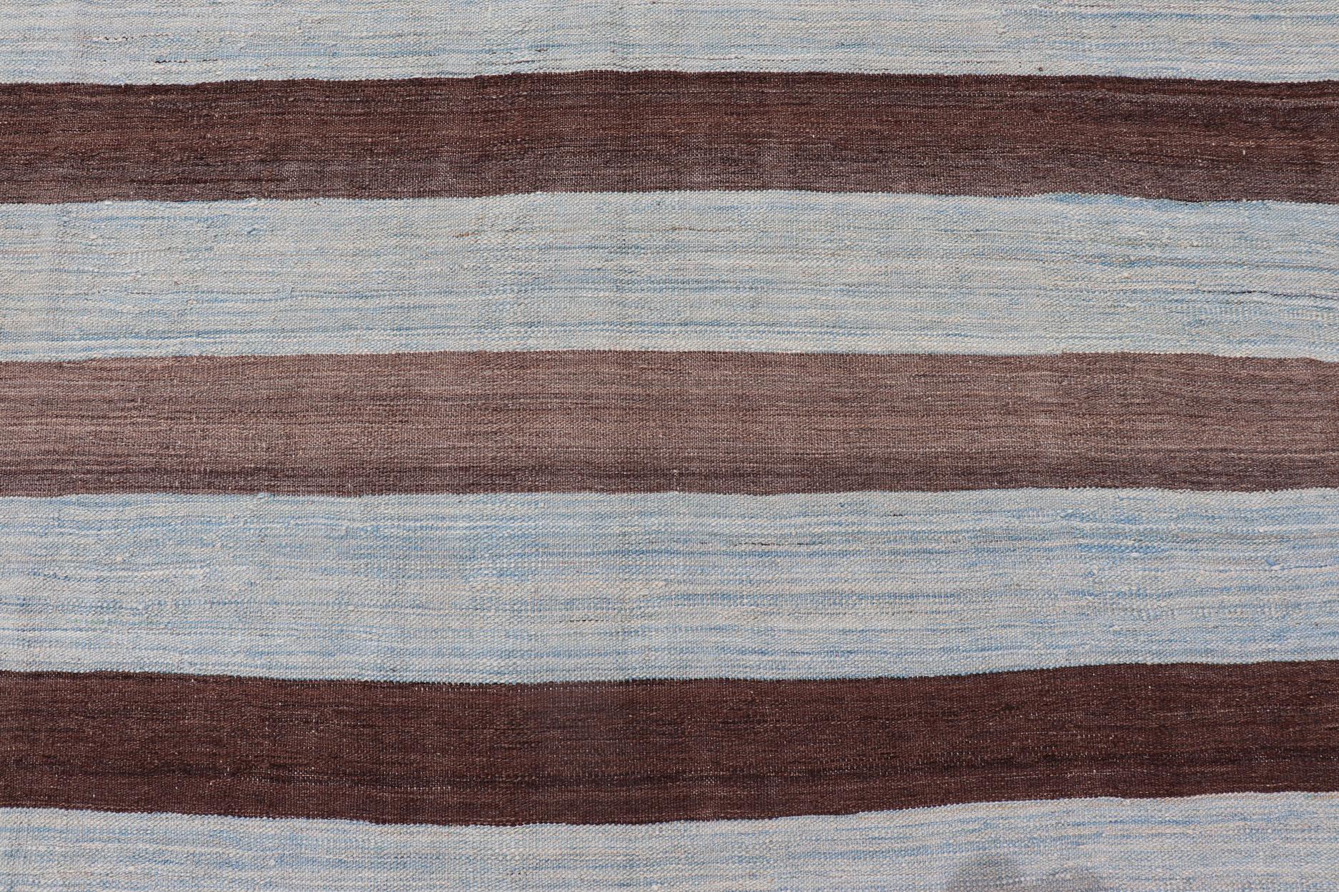 Modern Kilim Hand Woven Casual Rug with Stripes in Shades of Blue and Brown For Sale 1