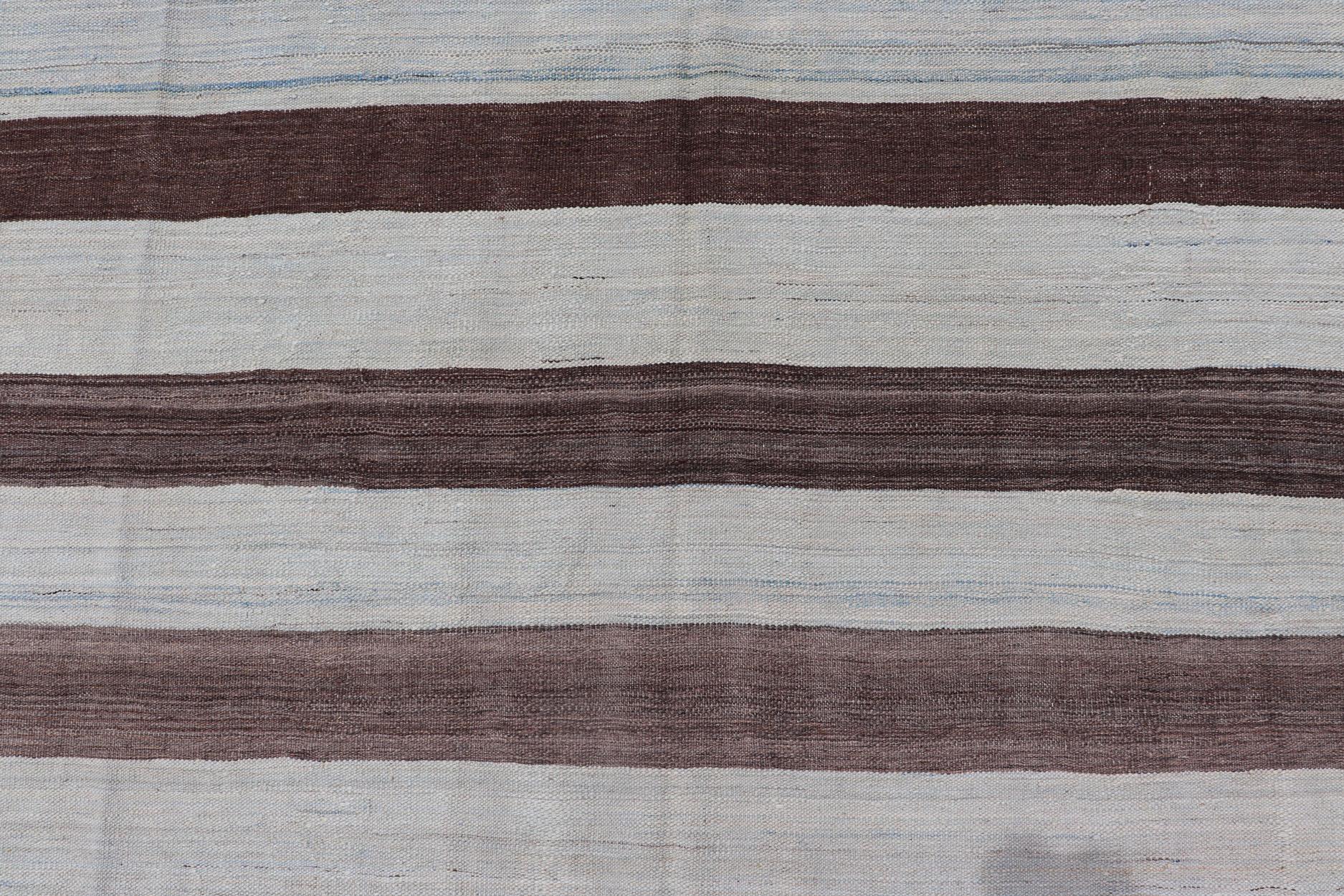 Modern Kilim Hand Woven Casual Rug with Stripes in Shades of Blue and Brown For Sale 2
