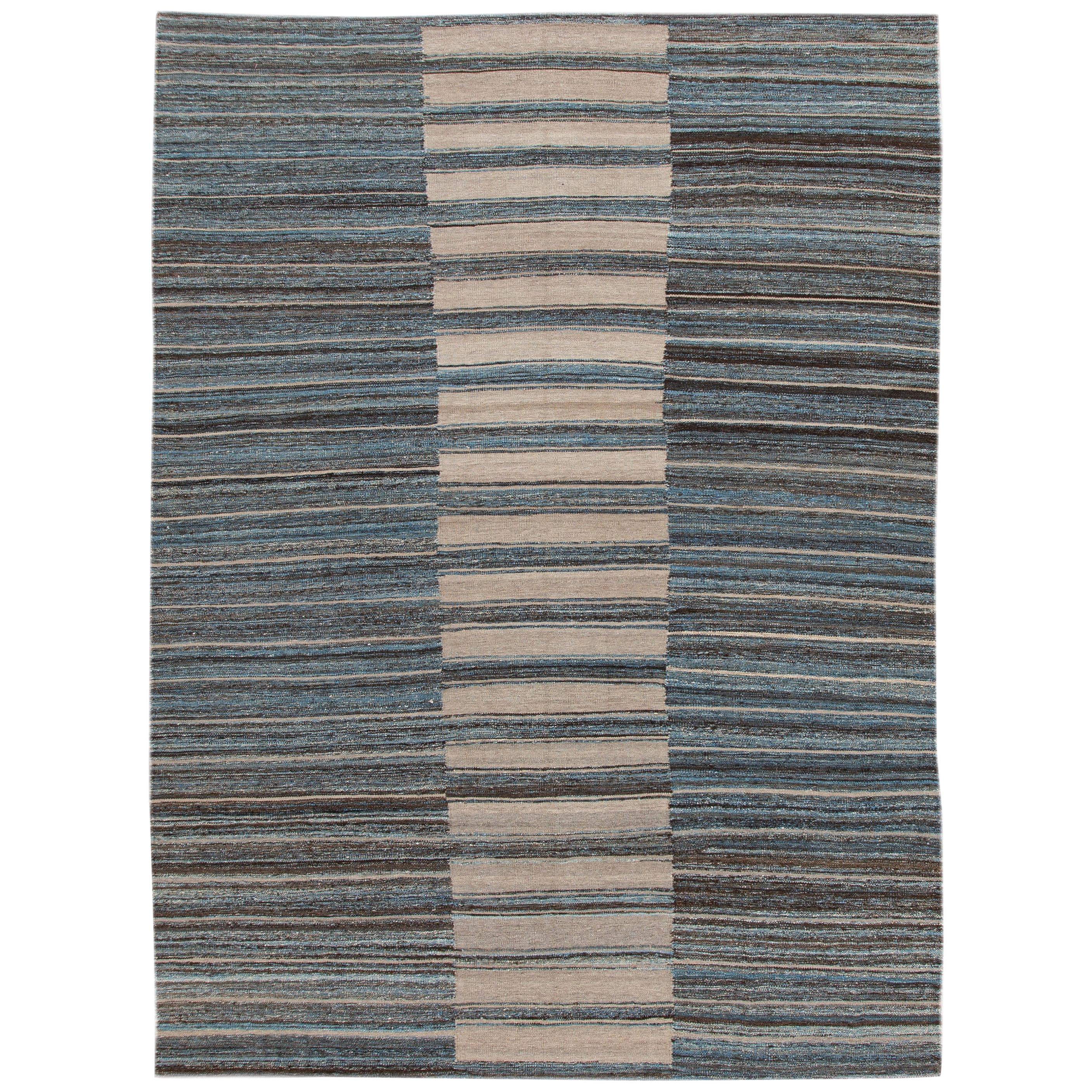 Modern FlatWeave Kilim Rug in Three Panel Striped Design in Ocean Blue