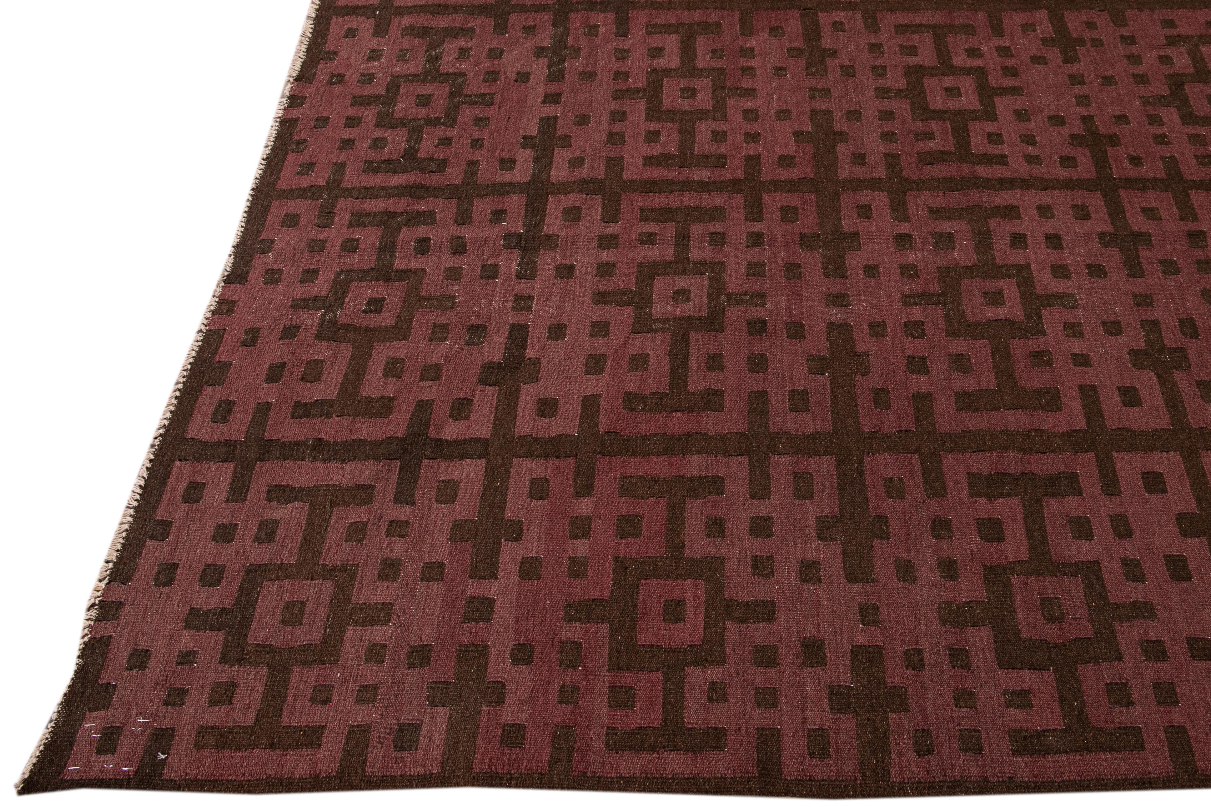 Hand-Knotted Modern Kilim Handmade Maroon and Brown Geometric Pattern Wool Rug For Sale