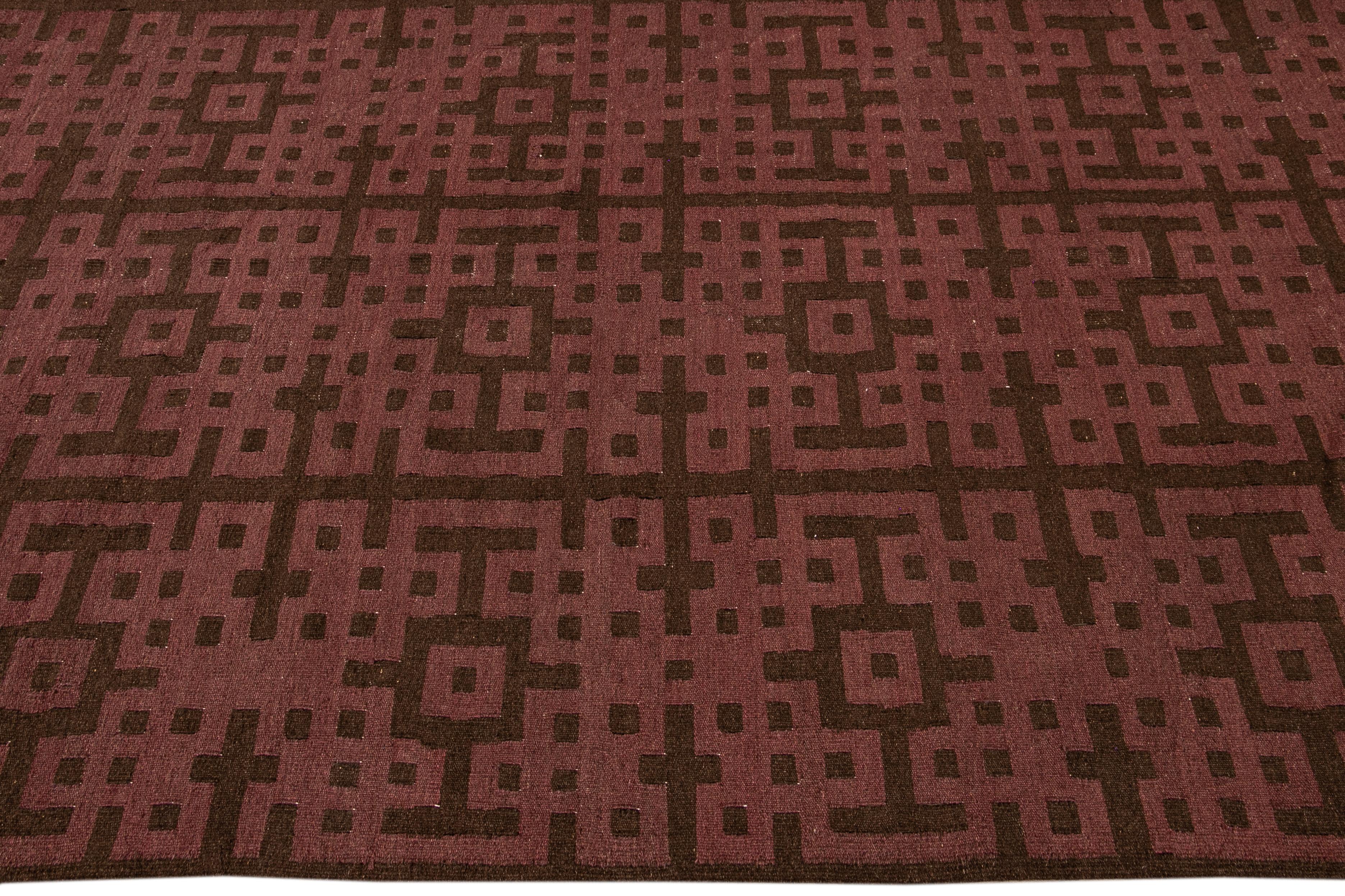 Modern Kilim Handmade Maroon and Brown Geometric Pattern Wool Rug For Sale 1