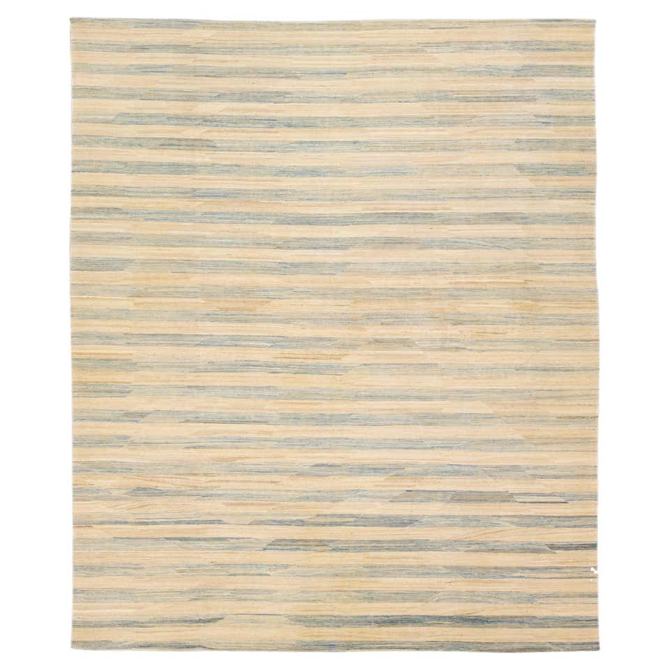 Modern Handmade Blue Greek Key Pattern Beige Oversize Wool Rug For Sale ...