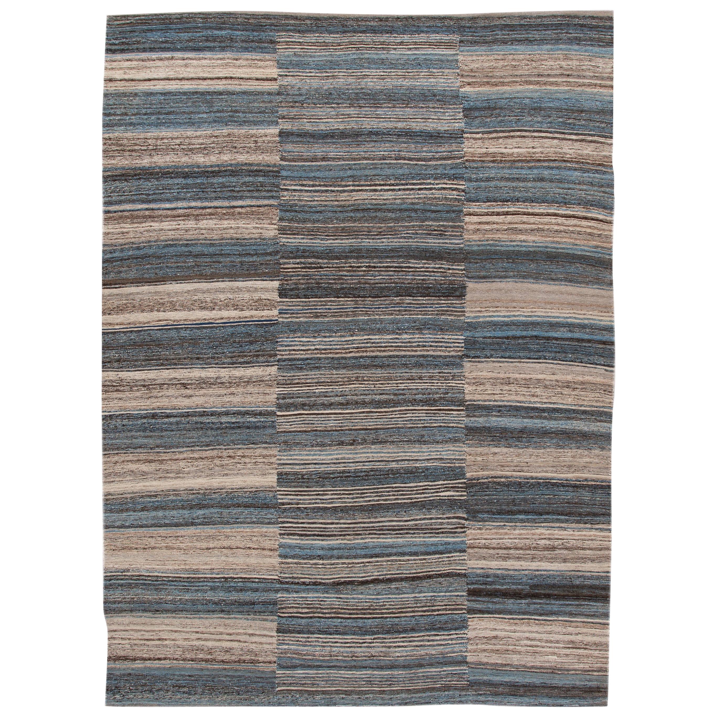 Green Modern Kilim Striped Wool Rug For Sale at 1stDibs