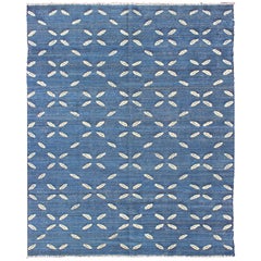 Modern Kilim in Blue Background with Piled Cream Leafs