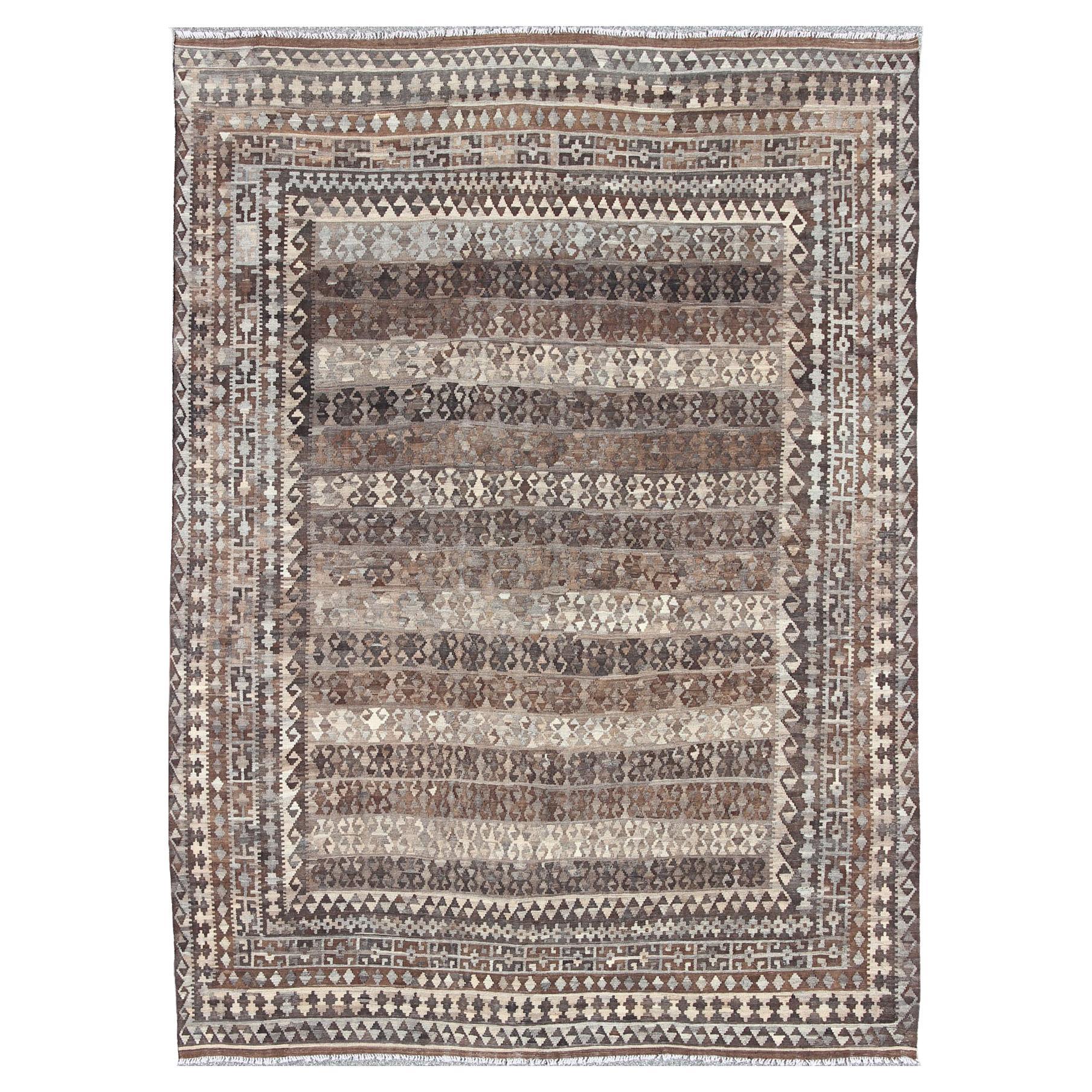 Modern Kilim in Natural Colors and Undyed Wool in Diamond Tribal Design