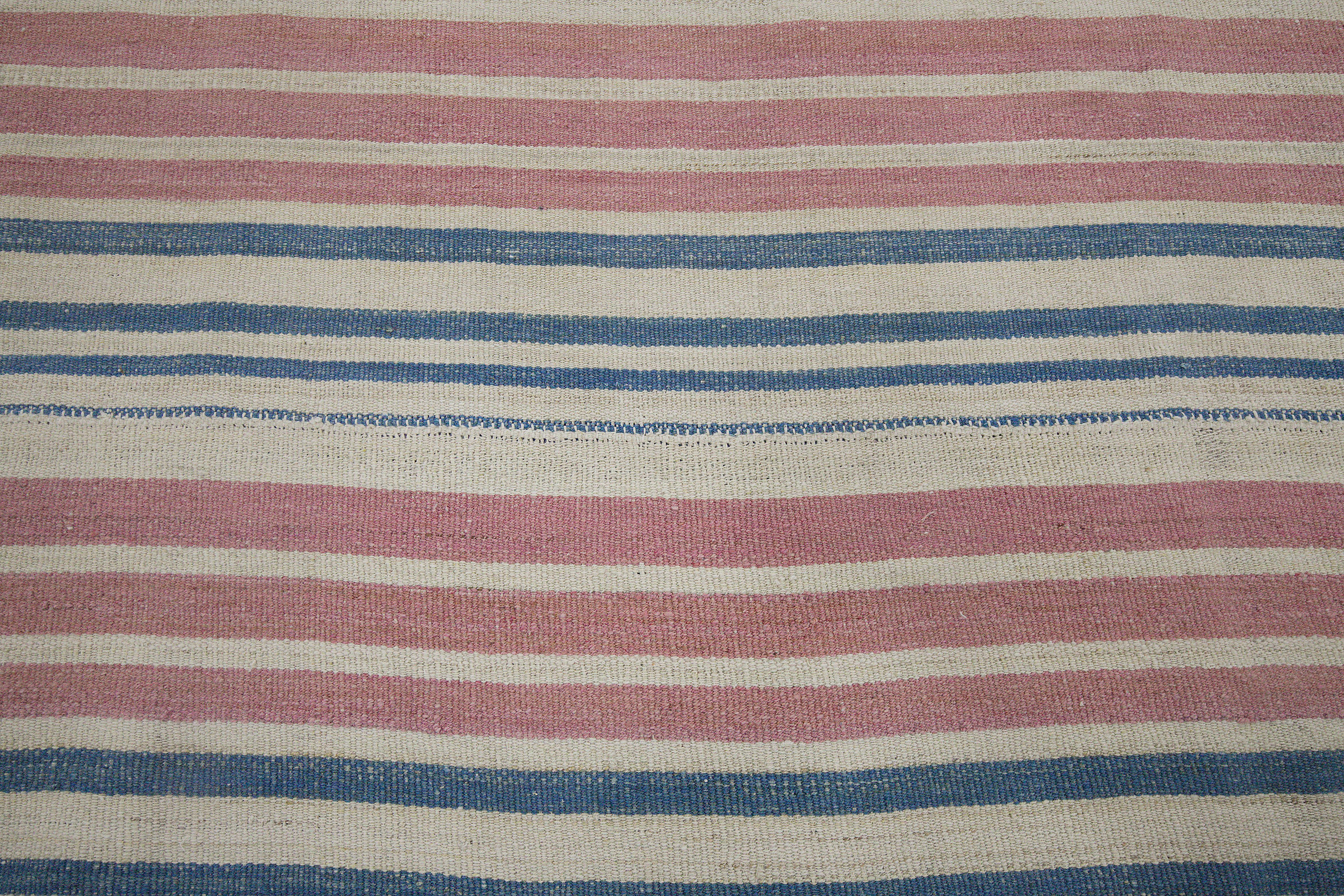 Oushak Modern Kilim Persian Rug in Blue and Pink Stripes on Ivory Field For Sale