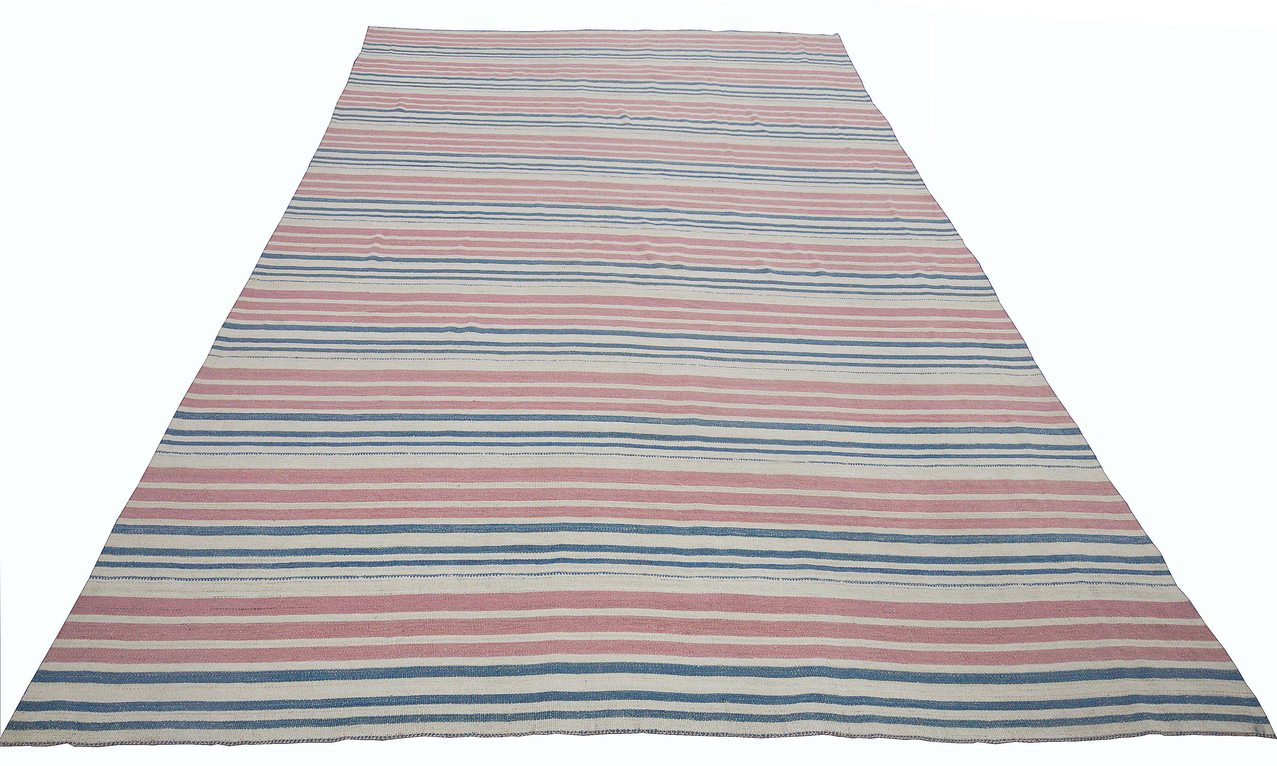 Turkish Modern Kilim Persian Rug in Blue and Pink Stripes on Ivory Field For Sale