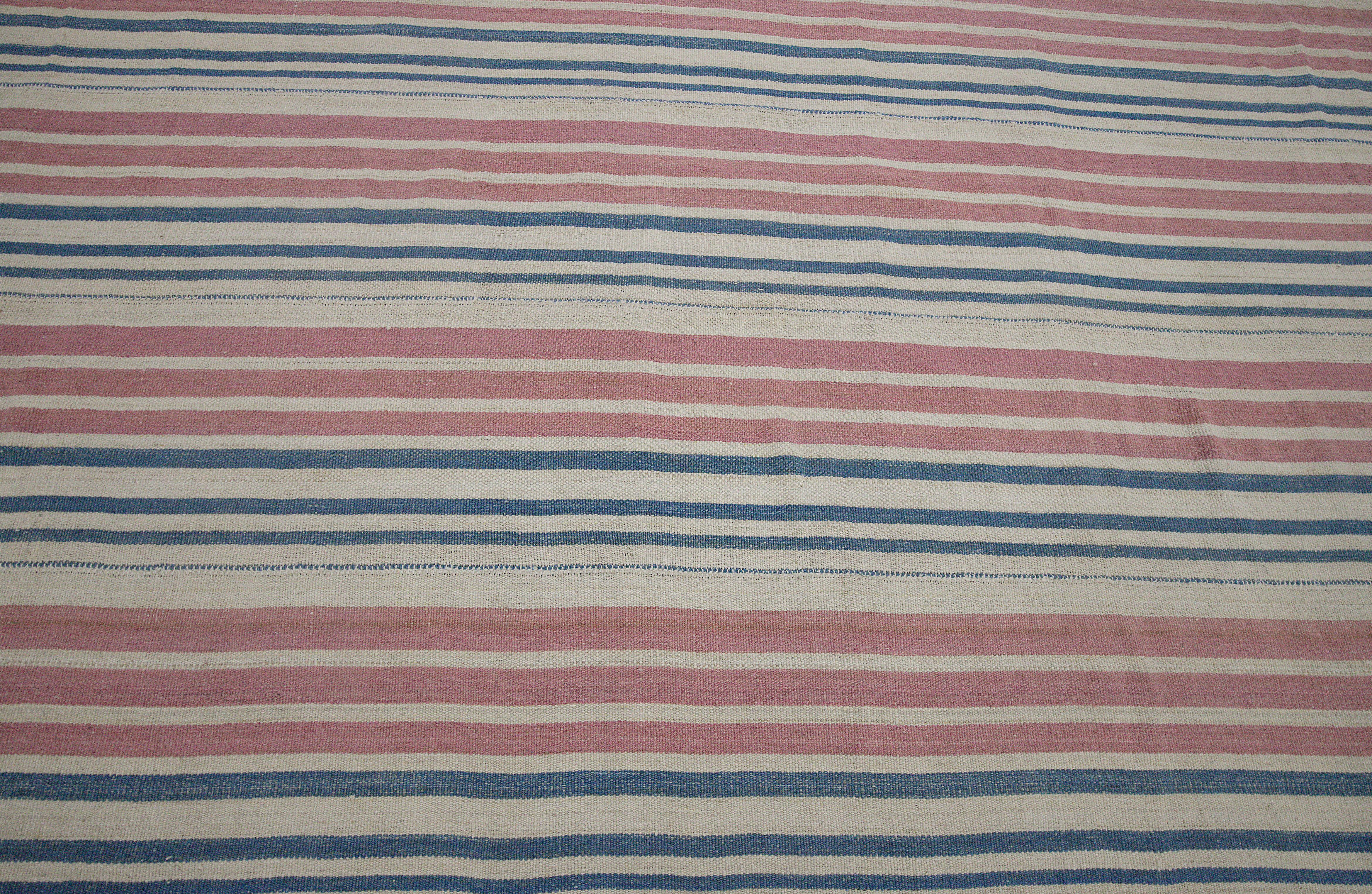 Hand-Woven Modern Kilim Persian Rug in Blue and Pink Stripes on Ivory Field For Sale