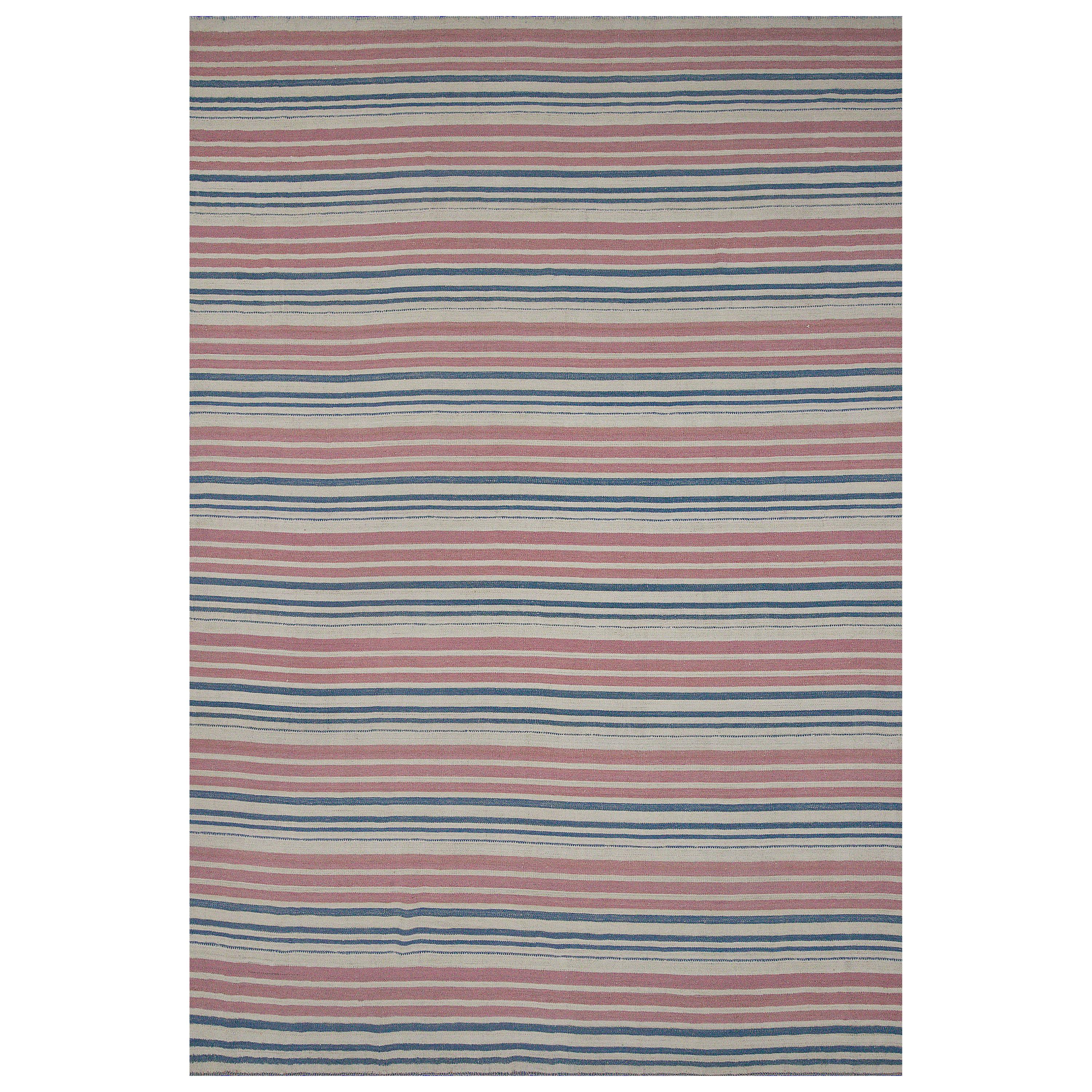 Modern Kilim Persian Rug in Blue and Pink Stripes on Ivory Field
