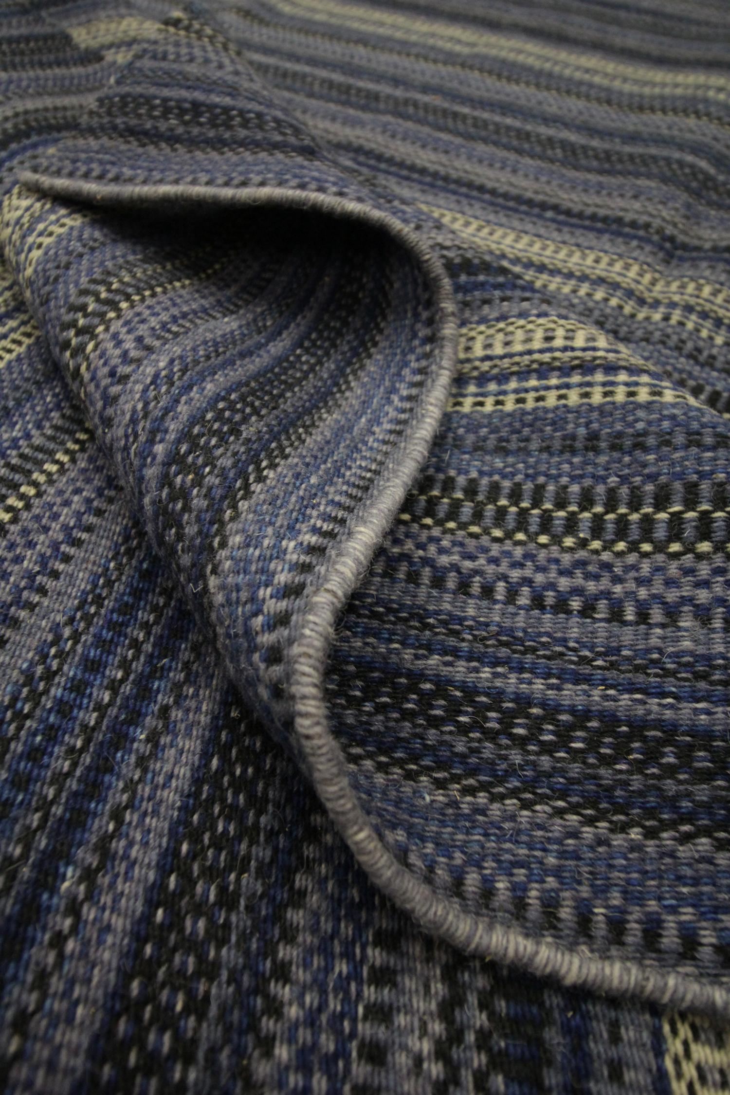 Hand-Knotted Modern Kilim Rug Blue Wool Carpet Striped Rug Kilim Flat-Woven Area Rug For Sale