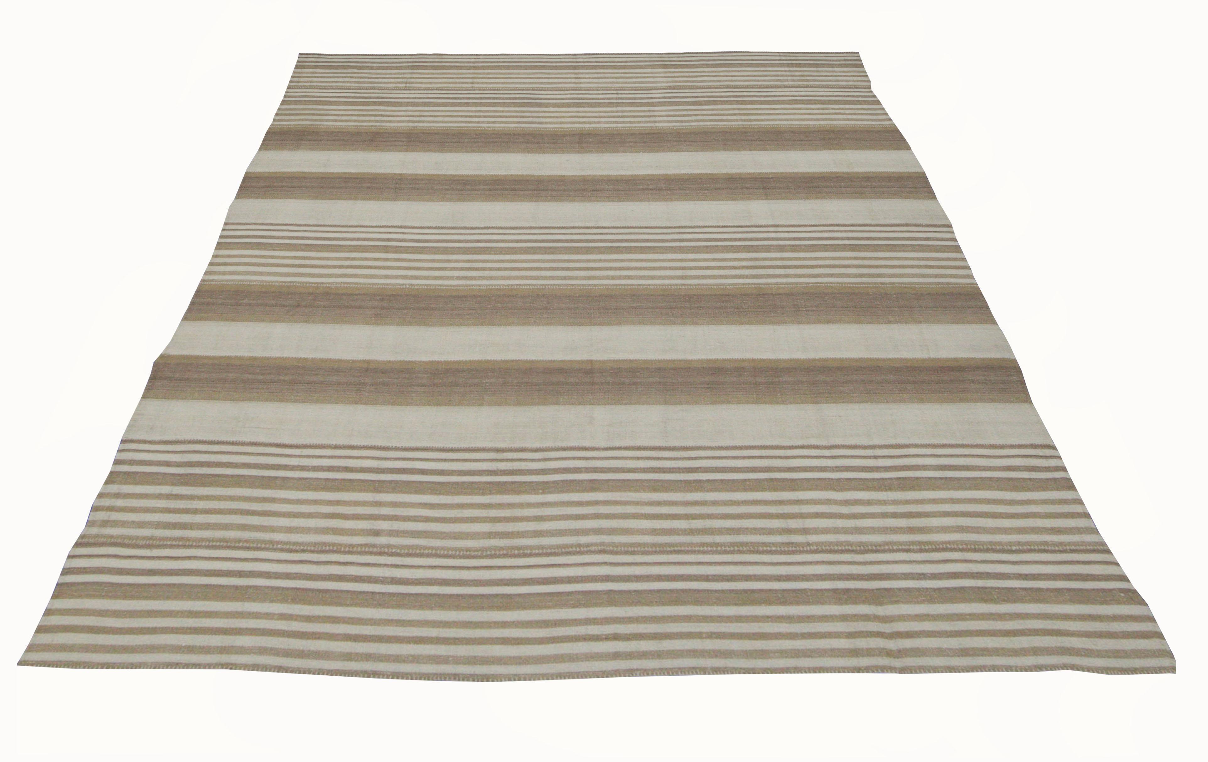 Turkish Modern Kilim Rug from Turkey in Ivory with Beige and Brown Stripes For Sale
