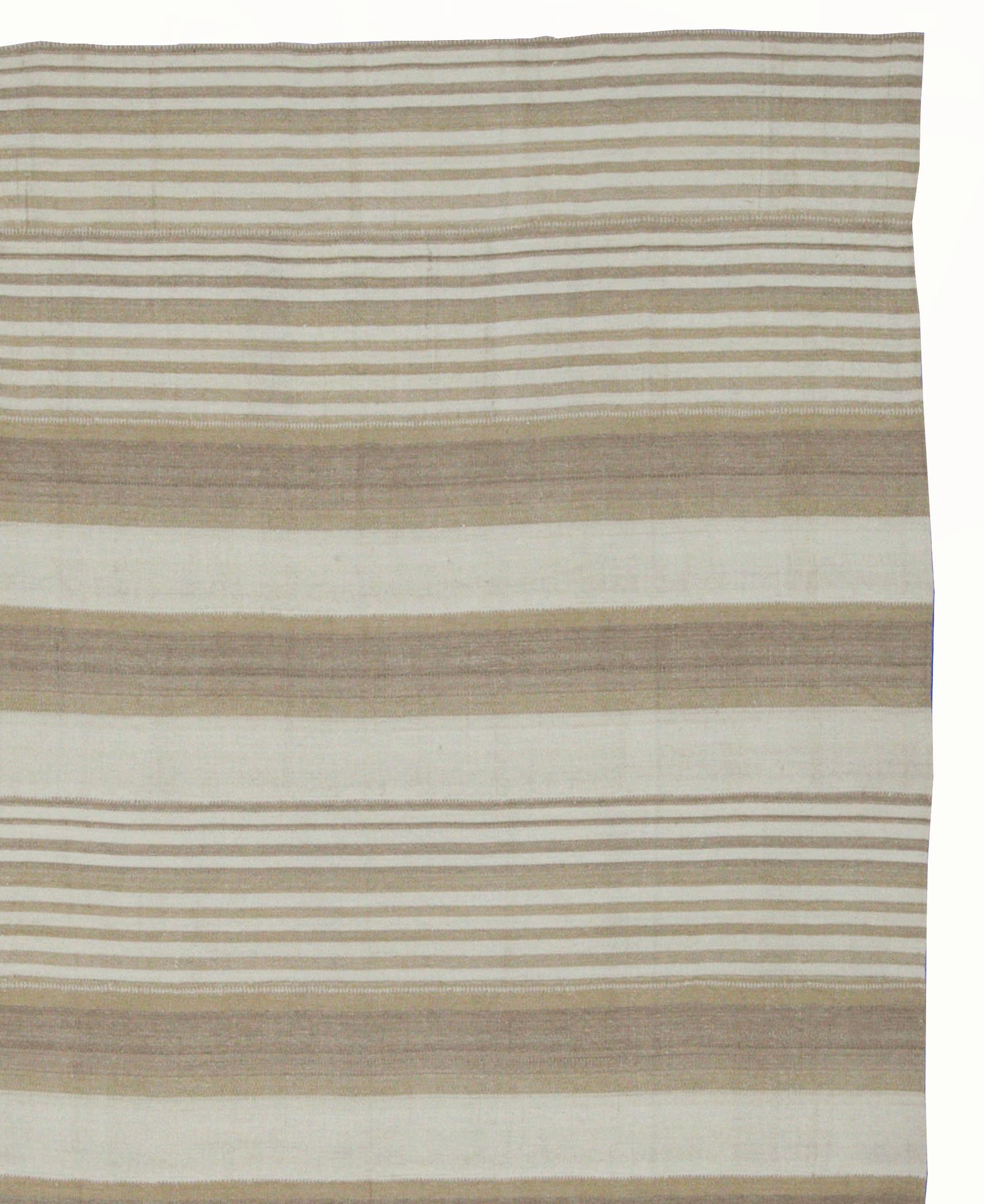 Hand-Woven Modern Kilim Rug from Turkey in Ivory with Beige and Brown Stripes For Sale