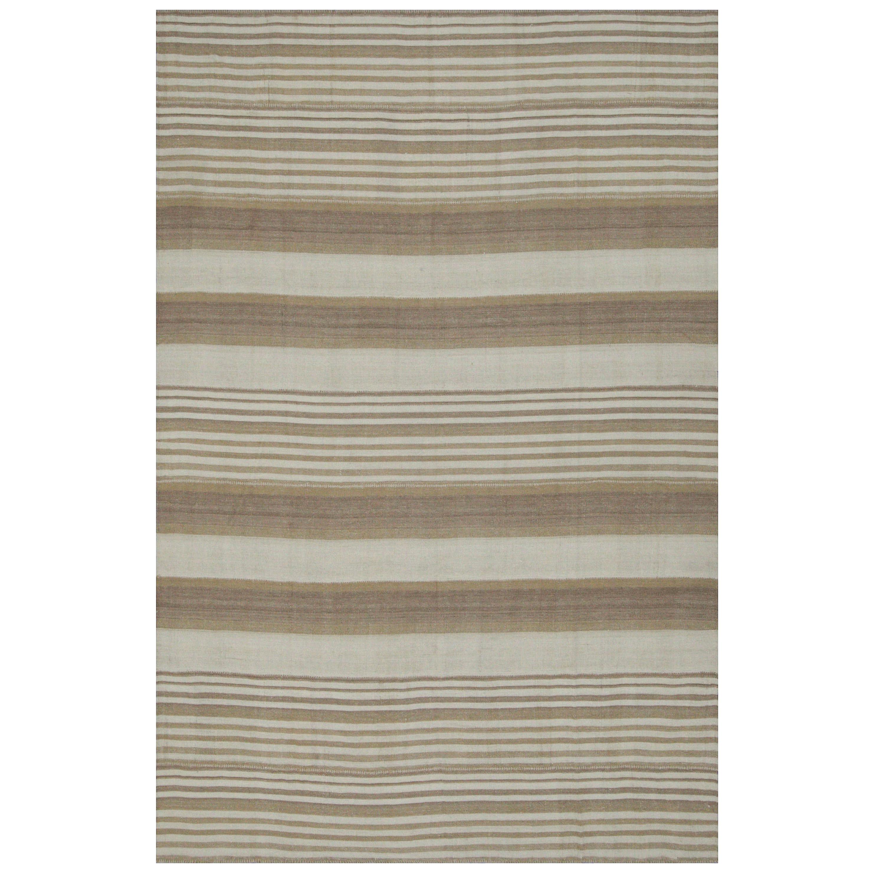 Modern Kilim Rug from Turkey in Ivory with Beige and Brown Stripes