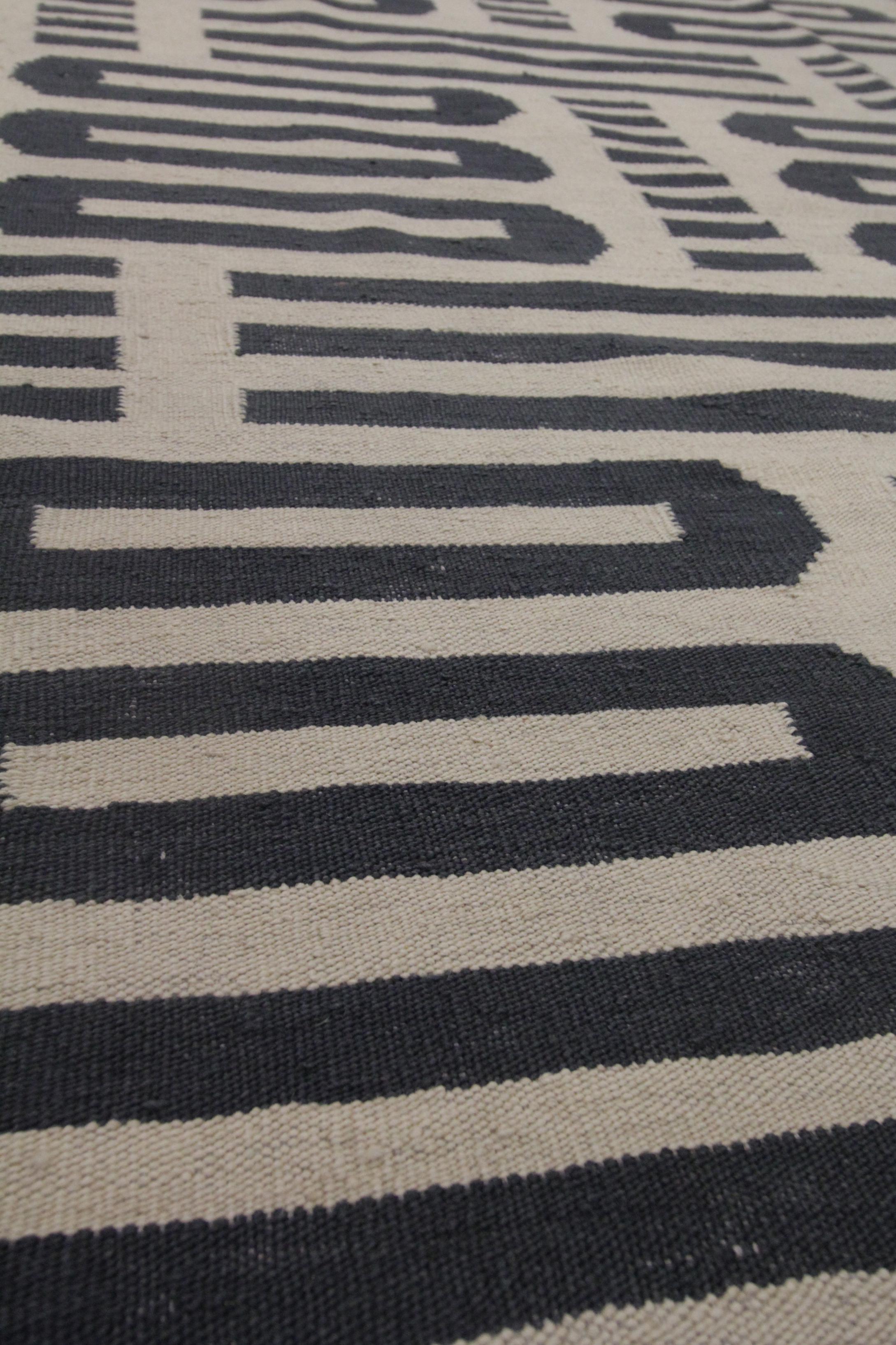 Alfombra Kilim Moderna Alfombra Geométrica de Rayas Kilim Alfombra de Lana Crema Gris Anudado a mano en venta