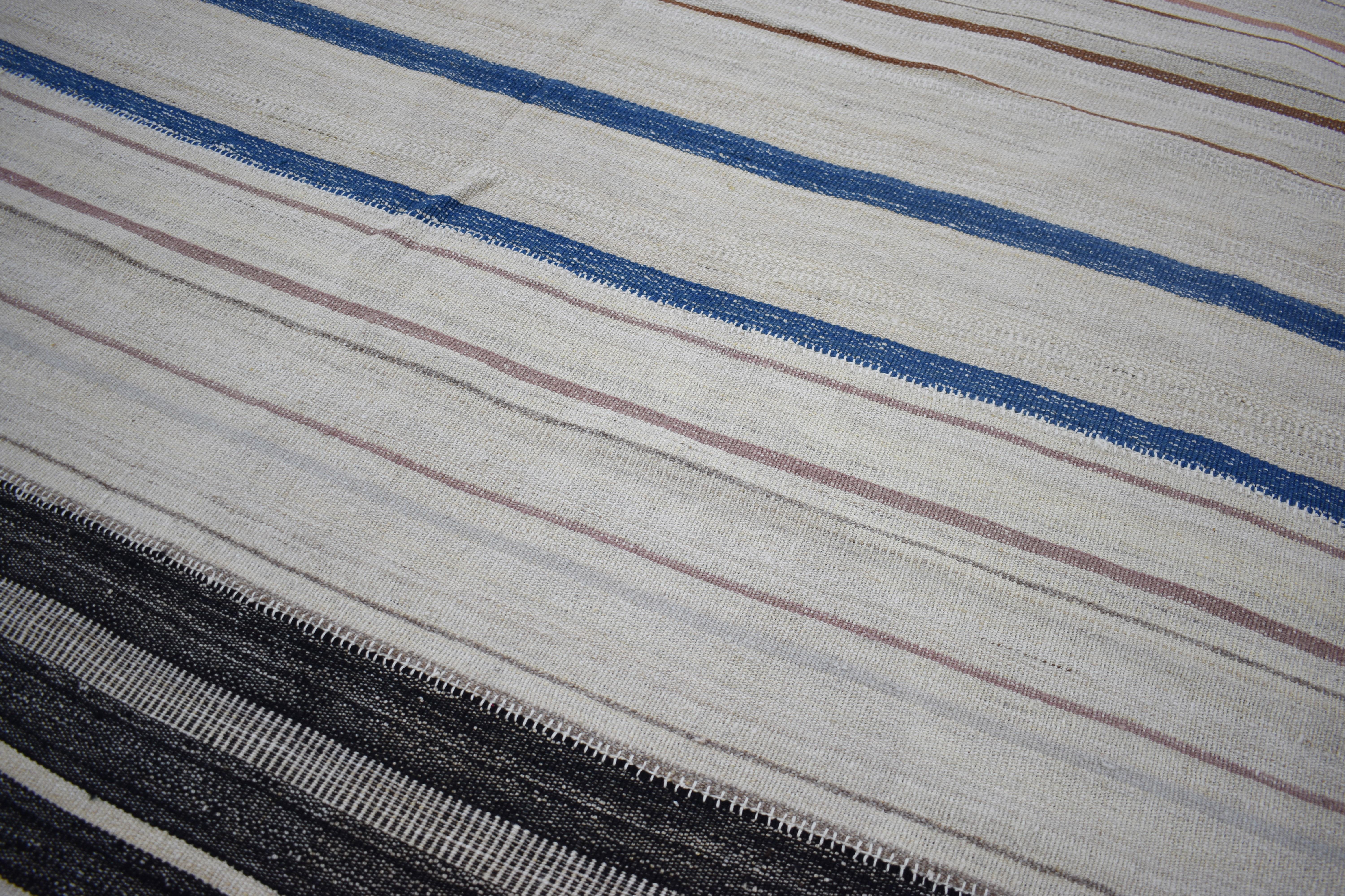 Turkish Modern Kilim Rug in Ivory with Black, Blue and Brown Stripes For Sale