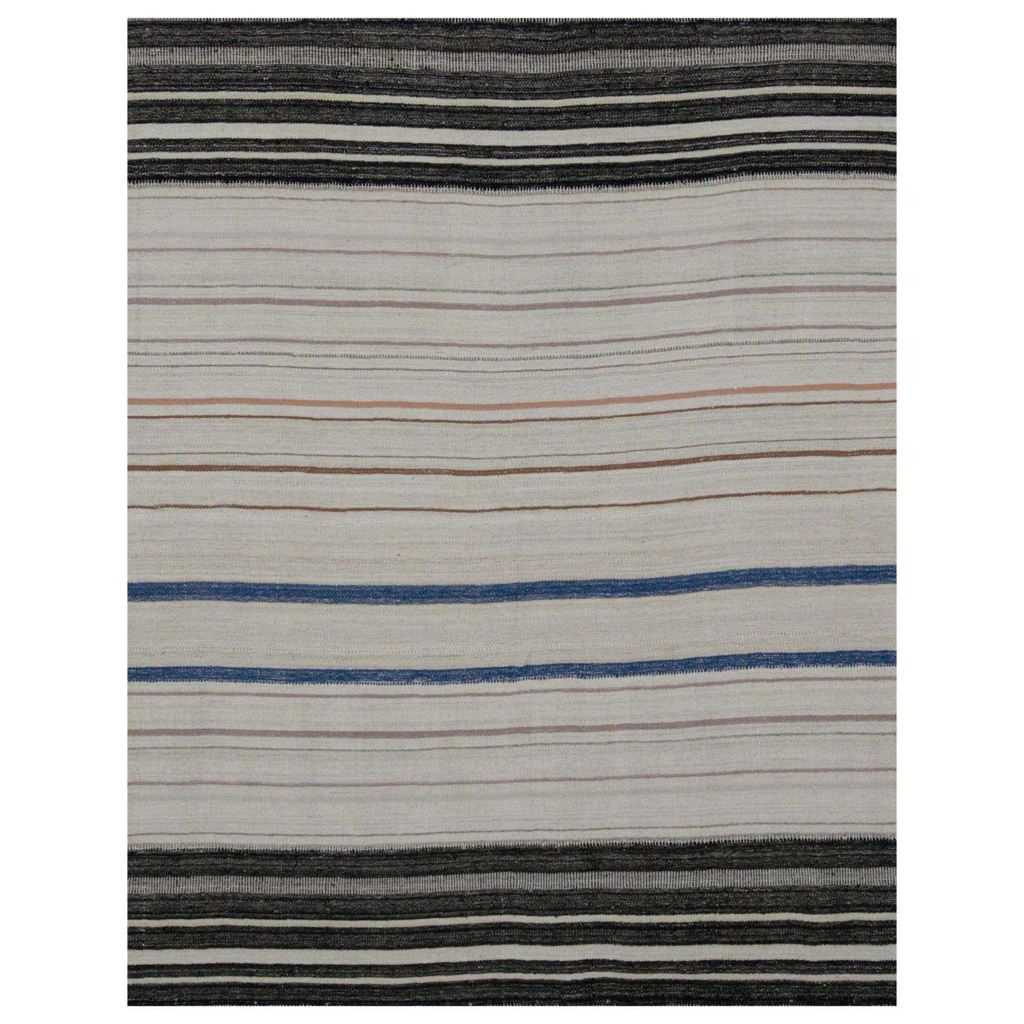 Modern Kilim Rug in Ivory with Black, Blue and Brown Stripes For Sale