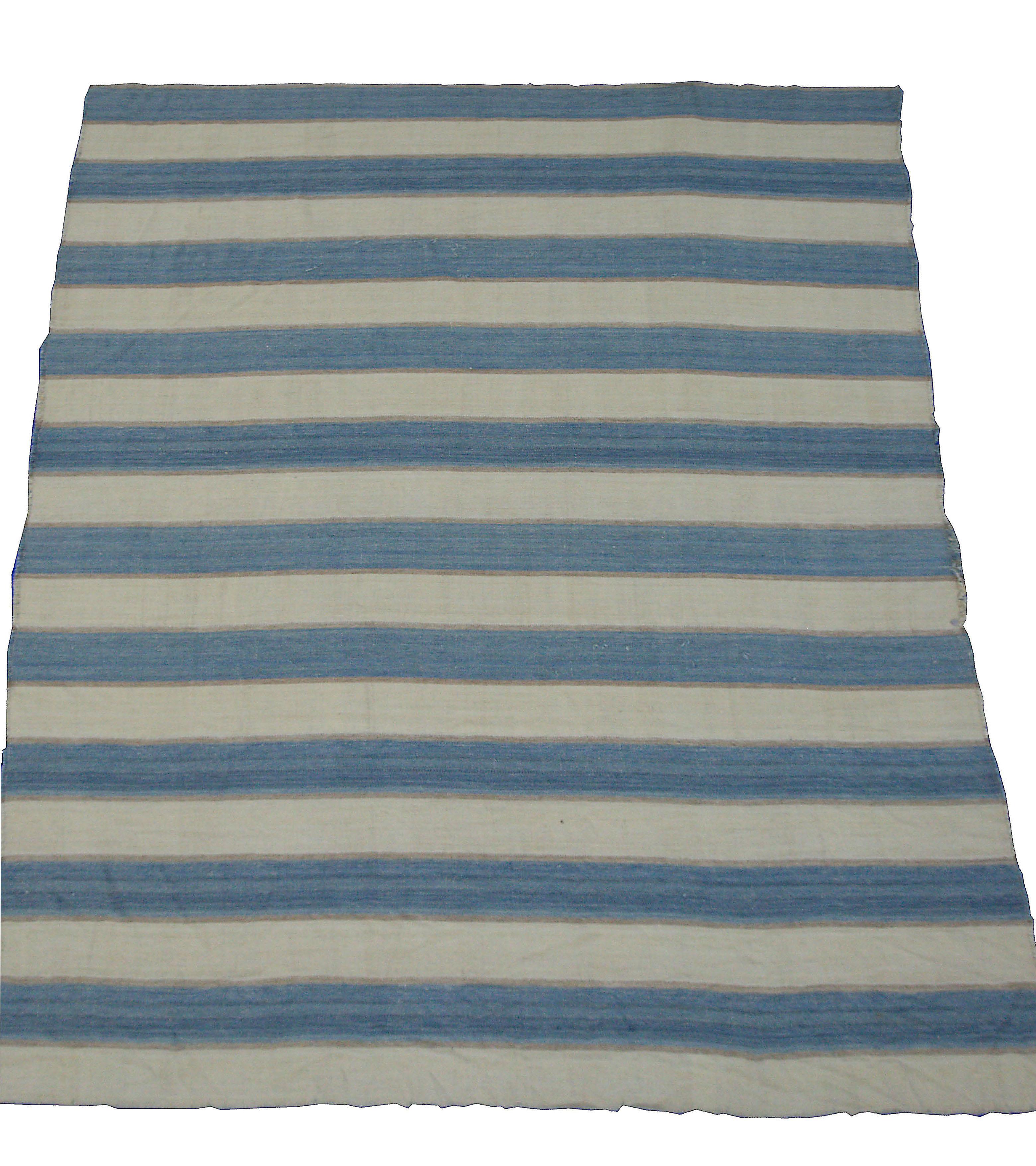 Turkish Modern Kilim Rug in Ivory with Blue and Gray Stripes For Sale