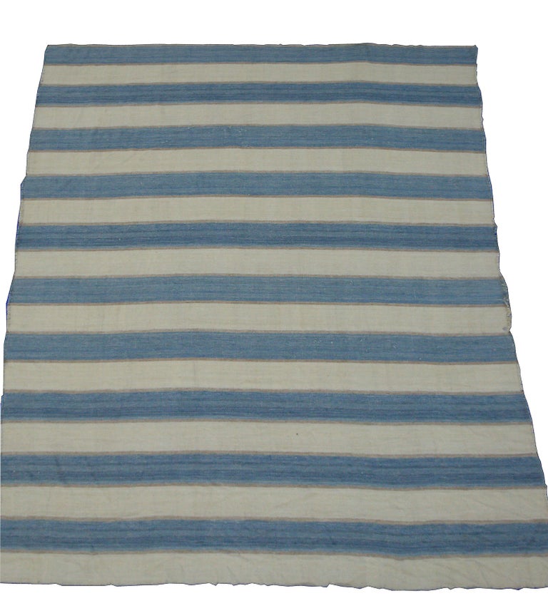 Modern Kilim Rug in Ivory with Blue and Gray Stripes For Sale at 1stDibs