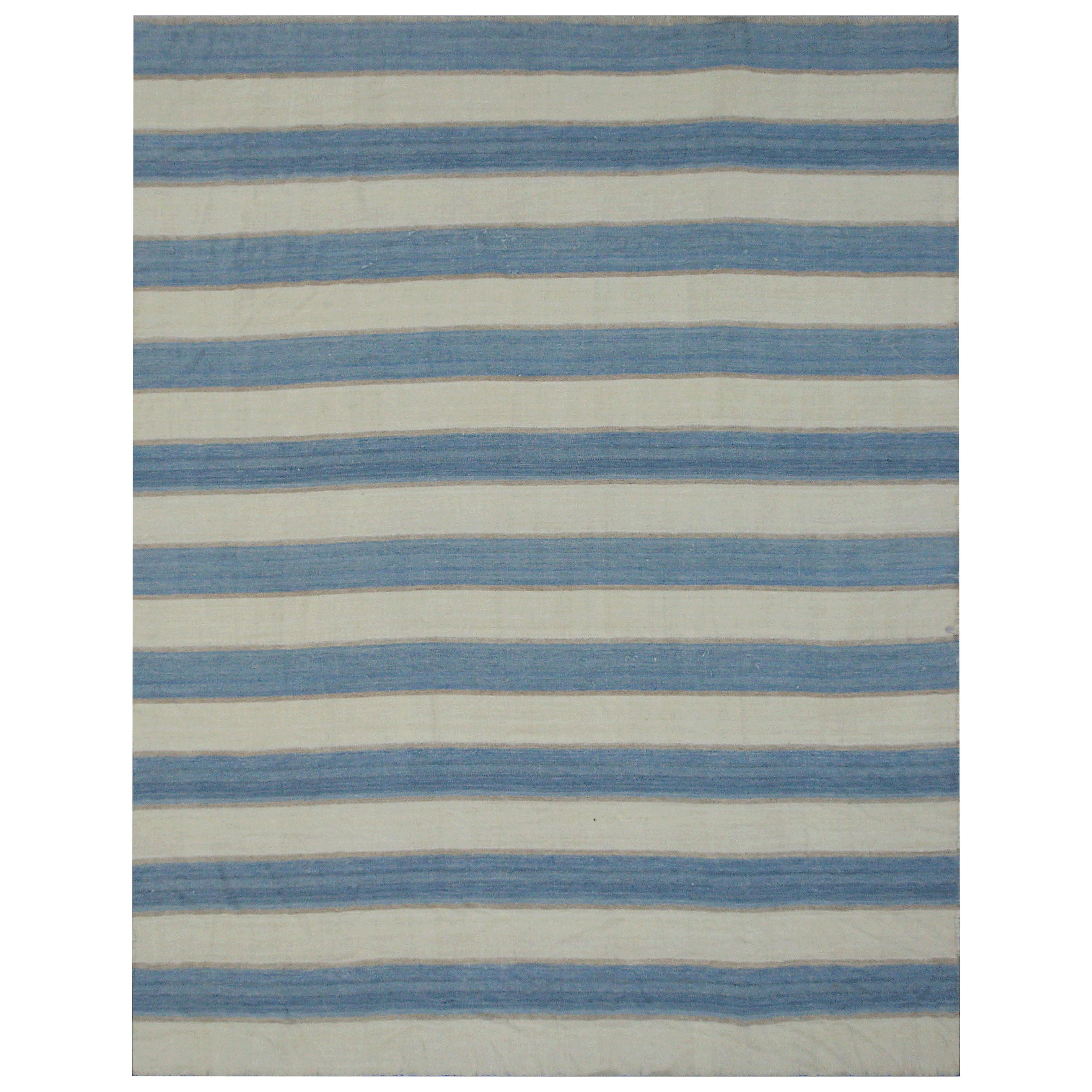 Modern Kilim Rug in Ivory with Blue and Gray Stripes