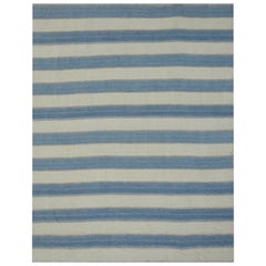 Modern Kilim Rug in Ivory with Blue and Gray Stripes