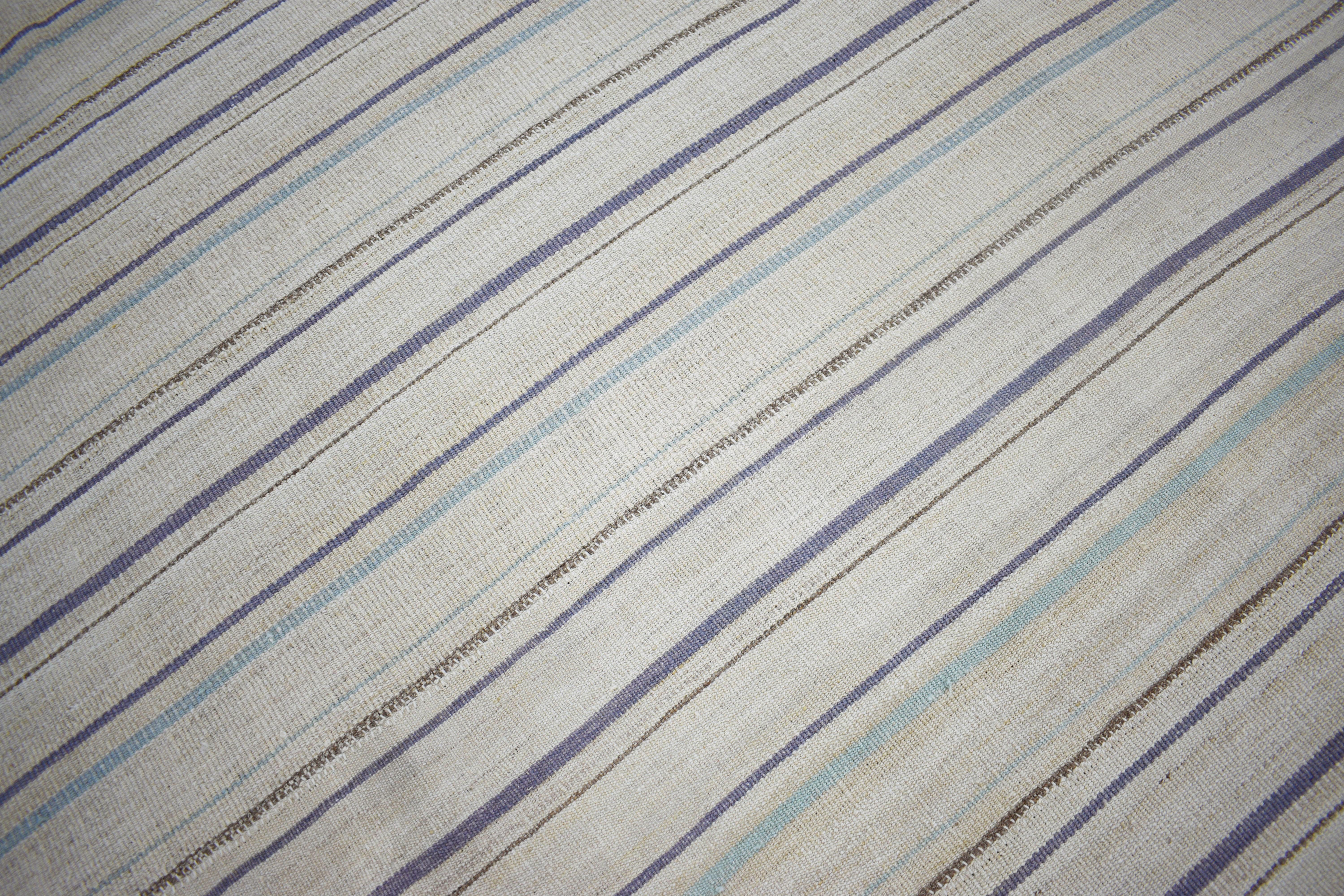 Turkish Modern Kilim Rug in Ivory with Gray, Purple and Blue Stripes For Sale