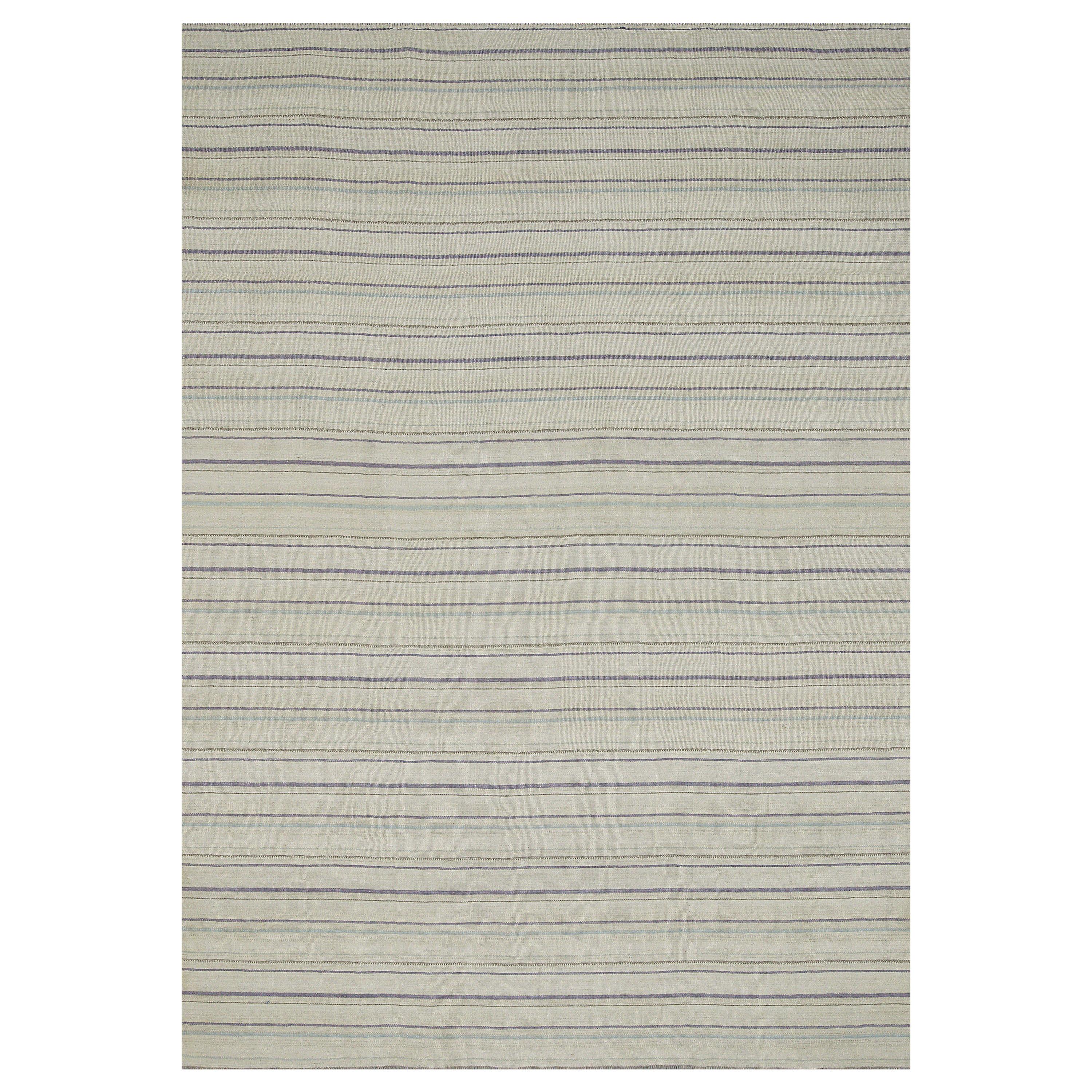 Modern Kilim Rug in Ivory with Gray, Purple and Blue Stripes For Sale