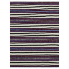 Modern Kilim Rug in Ivory with Purple, Black and Blue Stripes
