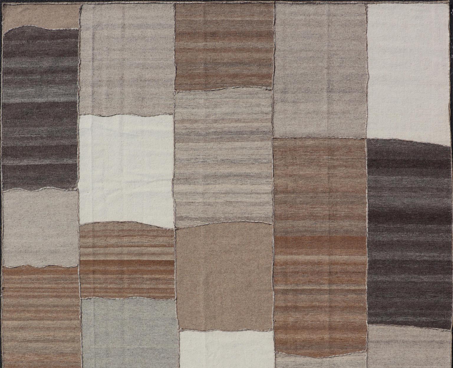 Modern Kilim Rug in Multi-Panel Striped Design with Brown, Gray, White and Taupe For Sale 3