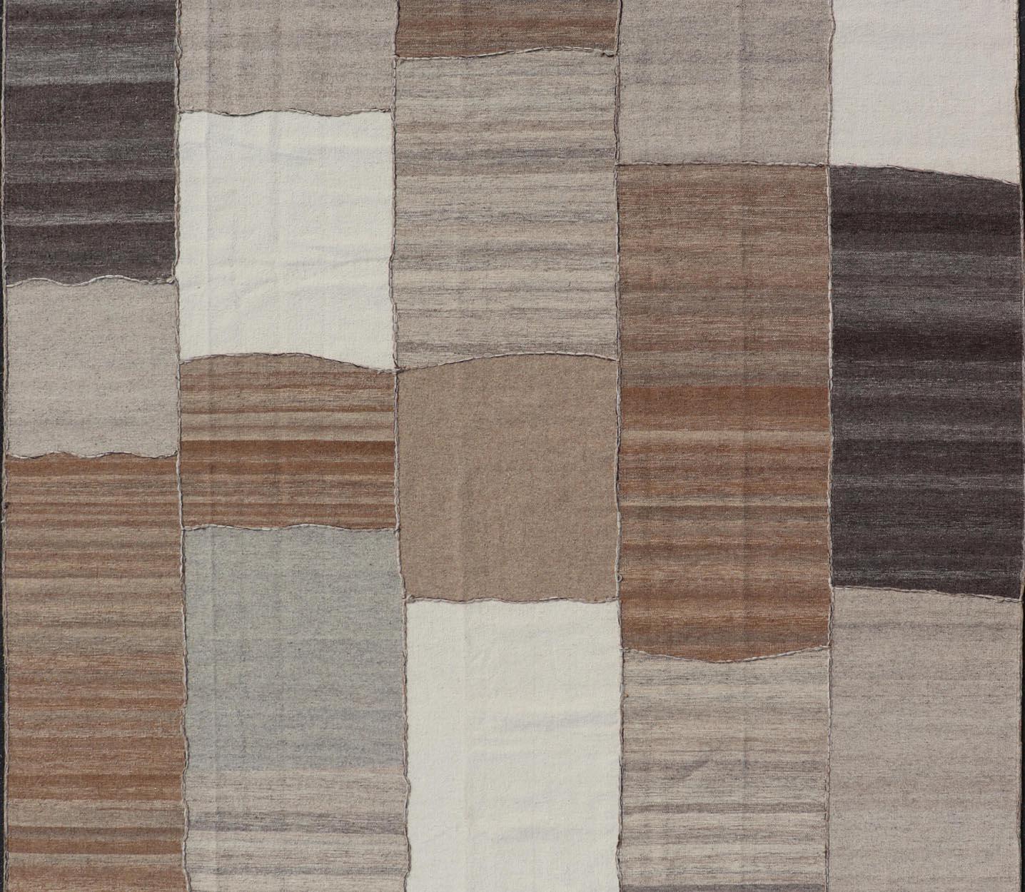 Modern Kilim Rug in Multi-Panel Striped Design with Brown, Gray, White and Taupe For Sale 4