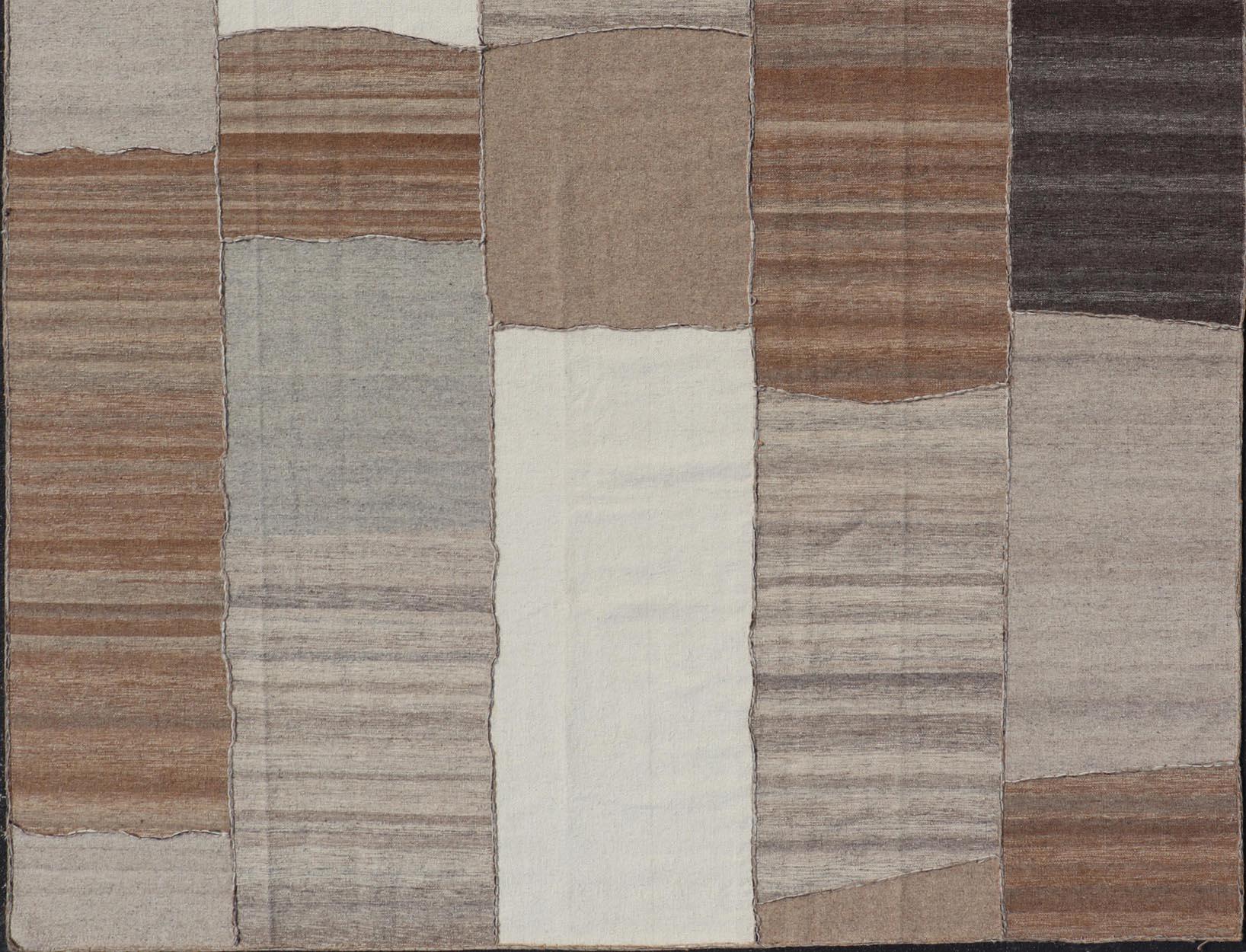 Modern Kilim Rug in Multi-Panel Striped Design with Brown, Gray, White and Taupe For Sale 5