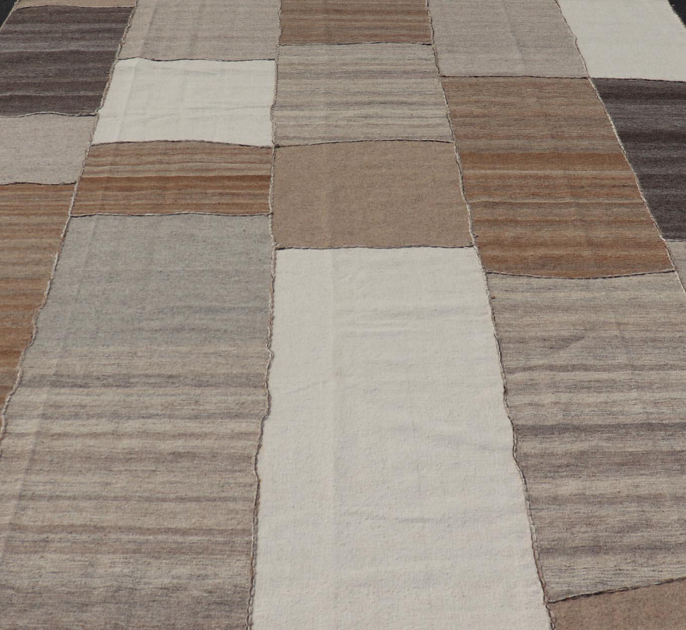 Modern Kilim Rug in Multi-Panel Striped Design with Brown, Gray, White and Taupe. Keivan Woven Arts / rug RSC-76609-HS-04, country of origin / type: India / Kilim 21st Century. 
Measures: 9'2 x 11'10 
This flat-woven kilim rug features a paneled