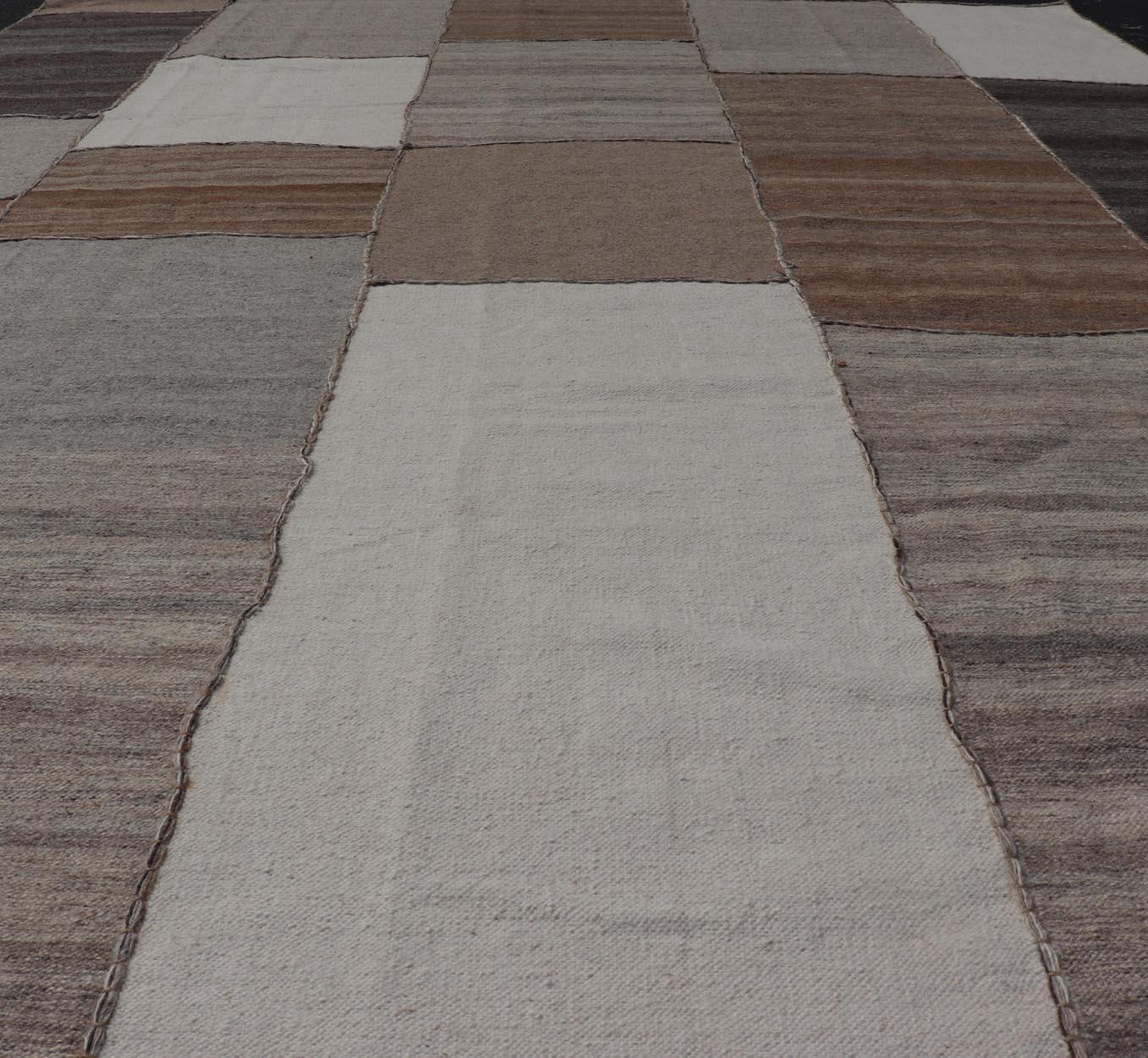 Indian Modern Kilim Rug in Multi-Panel Striped Design with Brown, Gray, White and Taupe For Sale