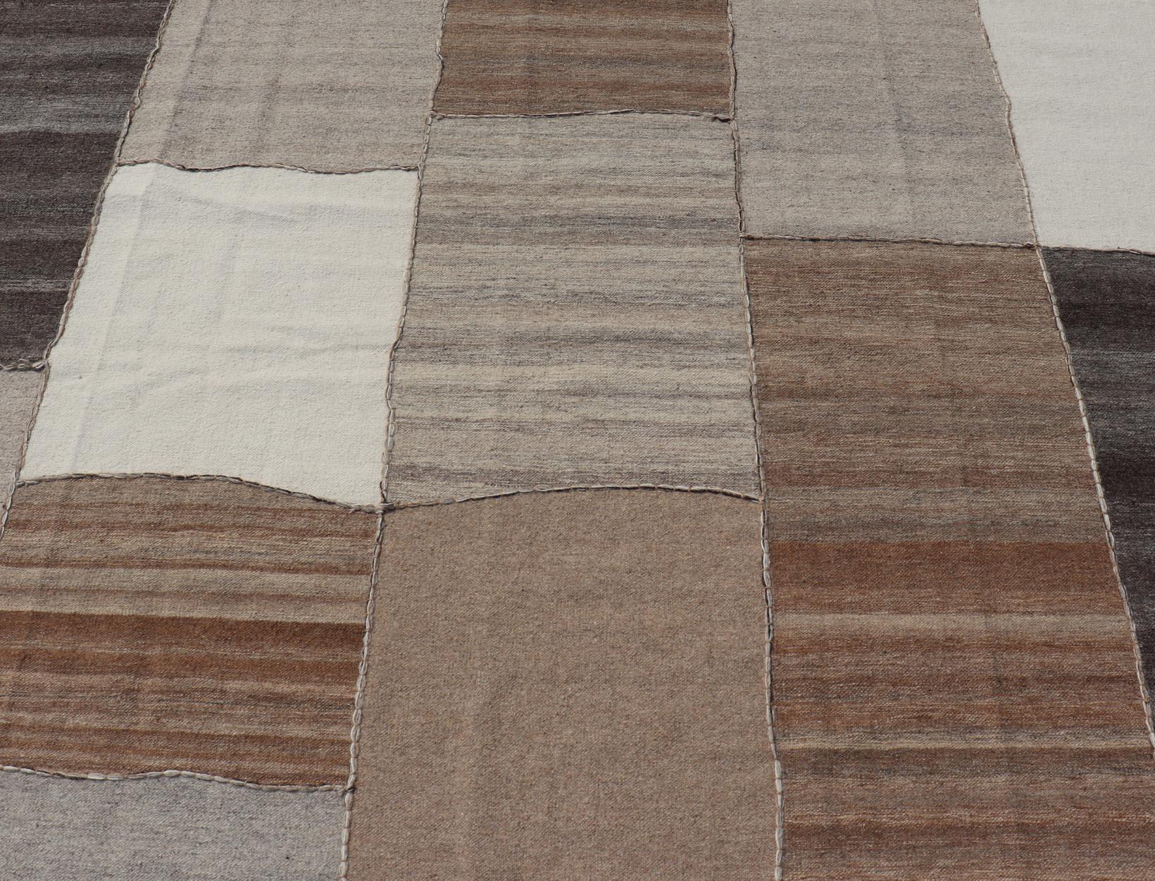 Hand-Woven Modern Kilim Rug in Multi-Panel Striped Design with Brown, Gray, White and Taupe For Sale