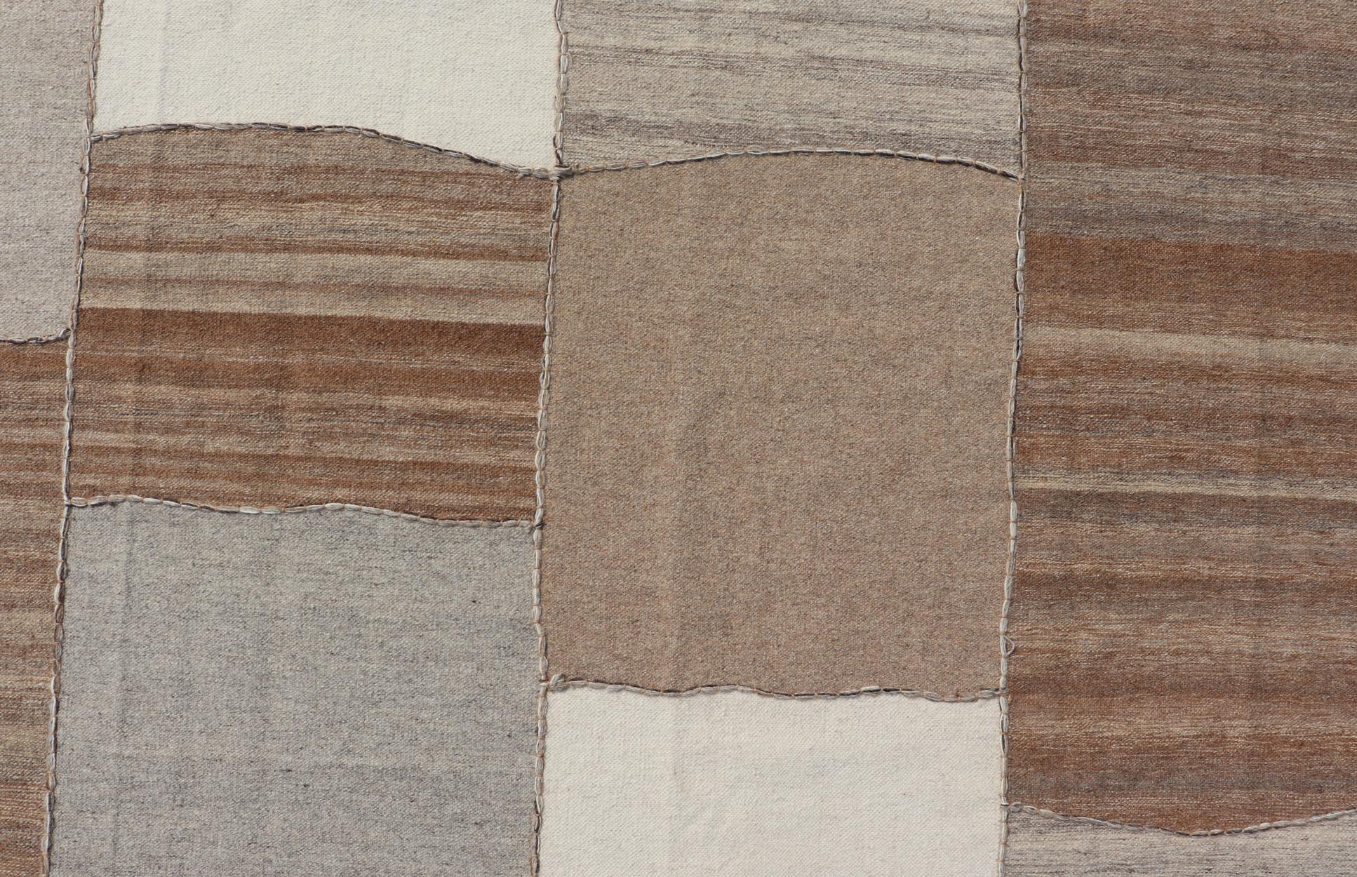 Modern Kilim Rug in Multi-Panel Striped Design with Brown, Gray, White and Taupe In New Condition For Sale In Atlanta, GA