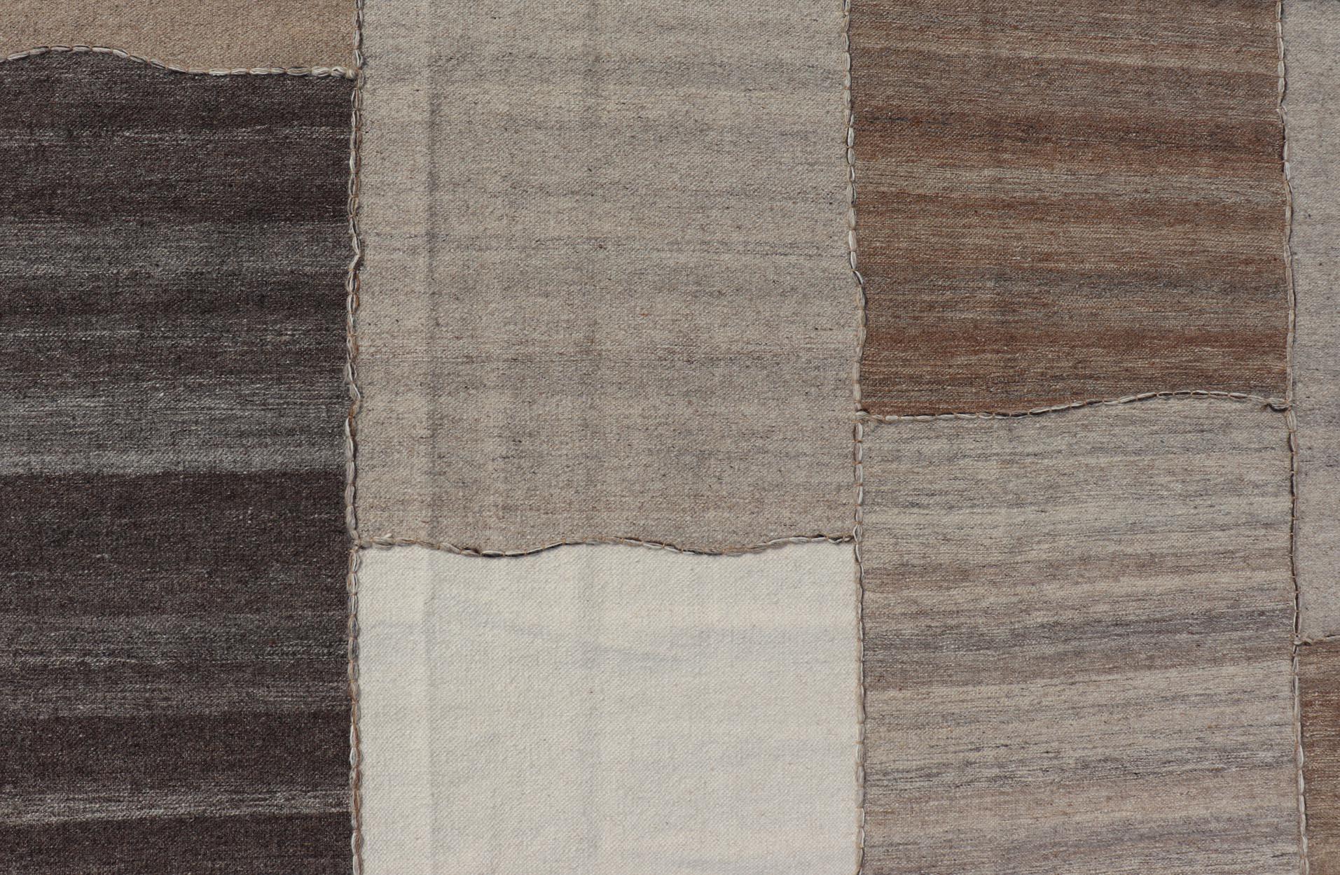 Wool Modern Kilim Rug in Multi-Panel Striped Design with Brown, Gray, White and Taupe For Sale