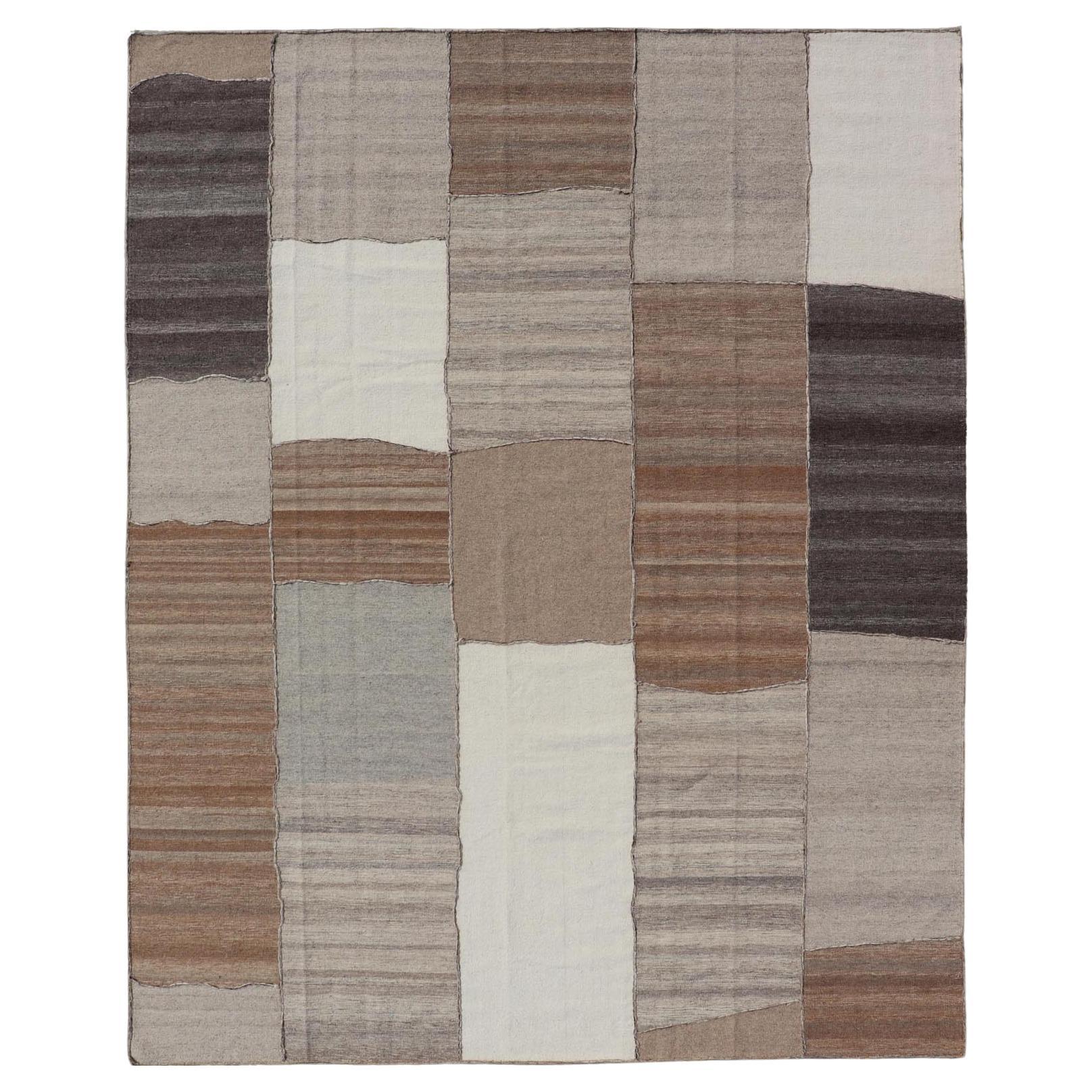Modern Kilim Rug in Multi-Panel Striped Design with Brown, Gray, White and Taupe For Sale
