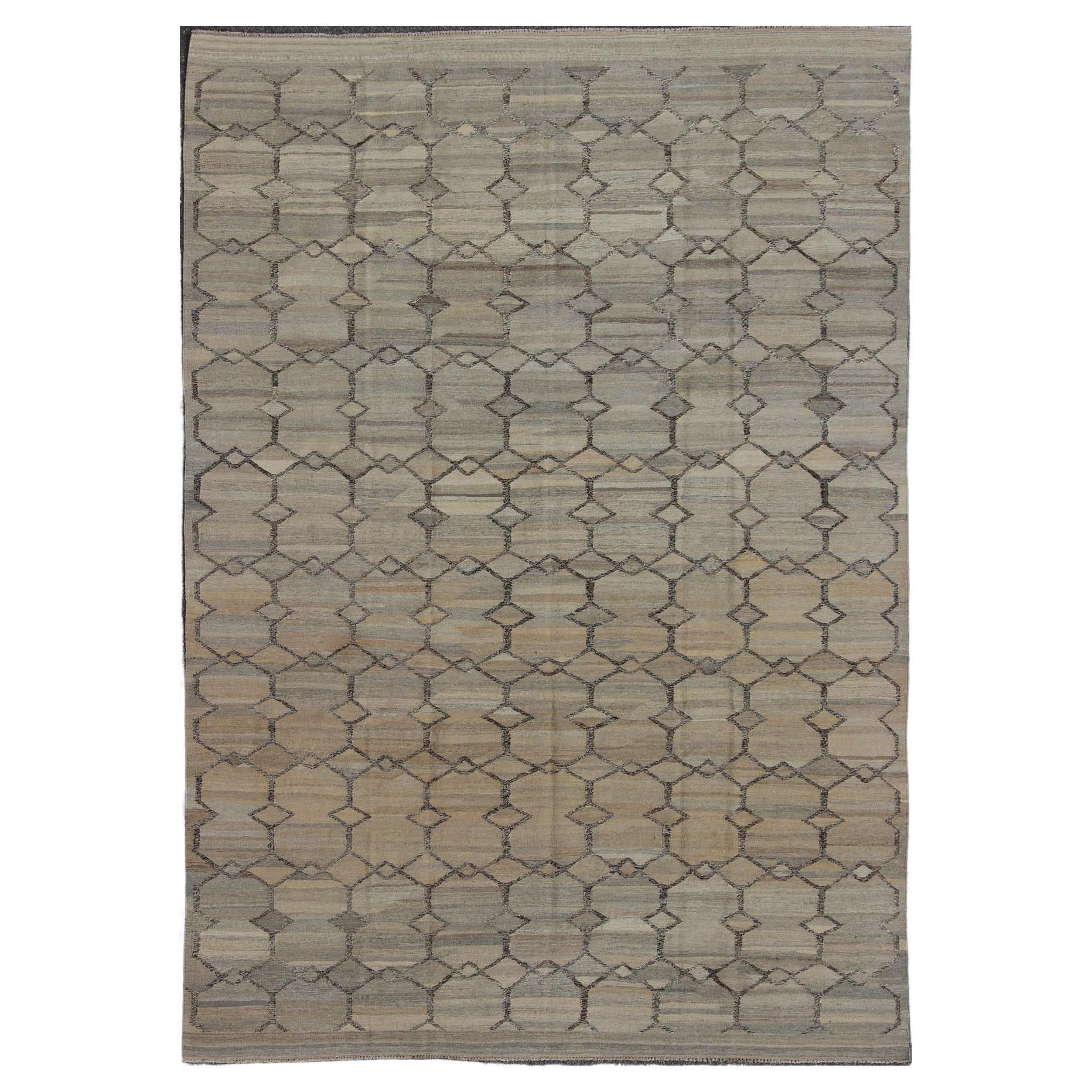 Moderner moderner Kelim-Teppich in den Farben Grau, Silber, Anthrazit und Grau