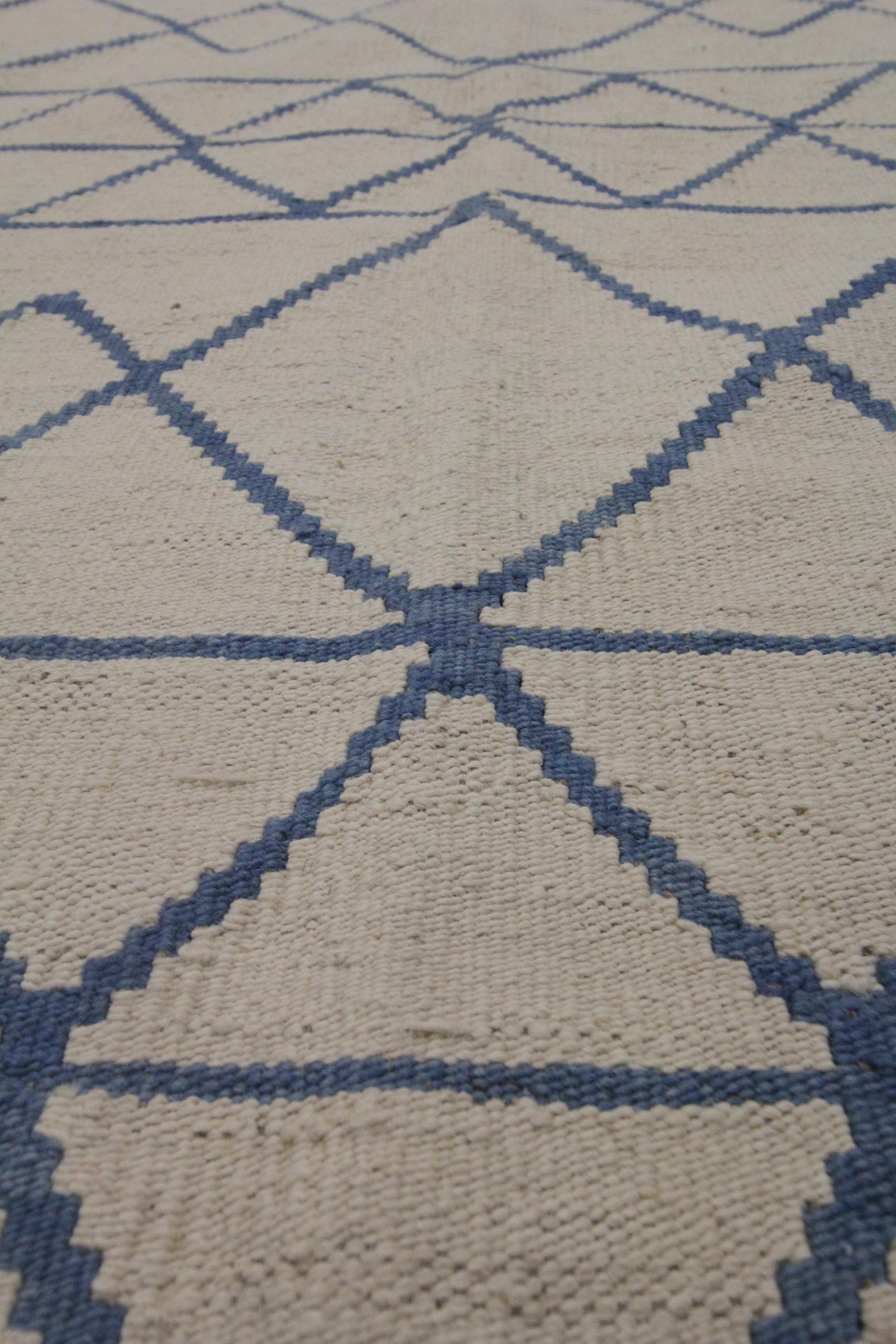 Afghan Modern Kilim Rug Carpet Geometric Flat Cream Abstract Moroccan Blue Rug
