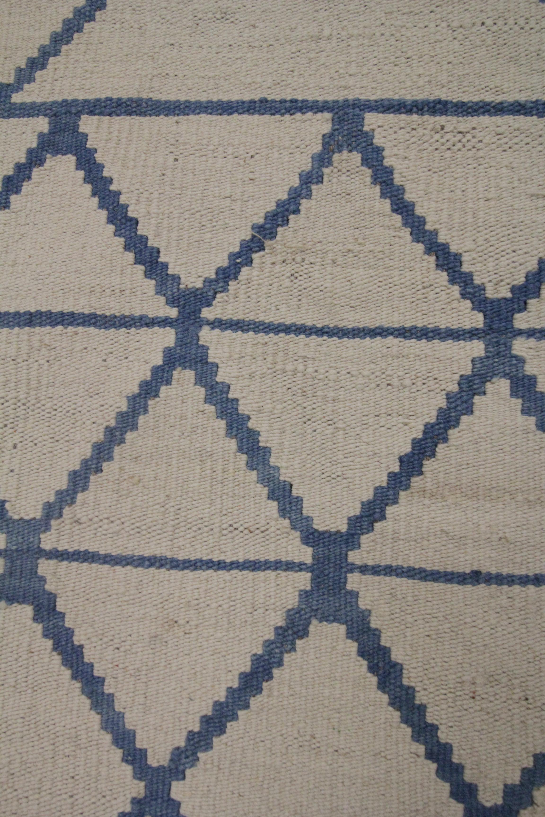 Vegetable Dyed Modern Kilim Rug Carpet Geometric Flat Cream Abstract Moroccan Blue Rug
