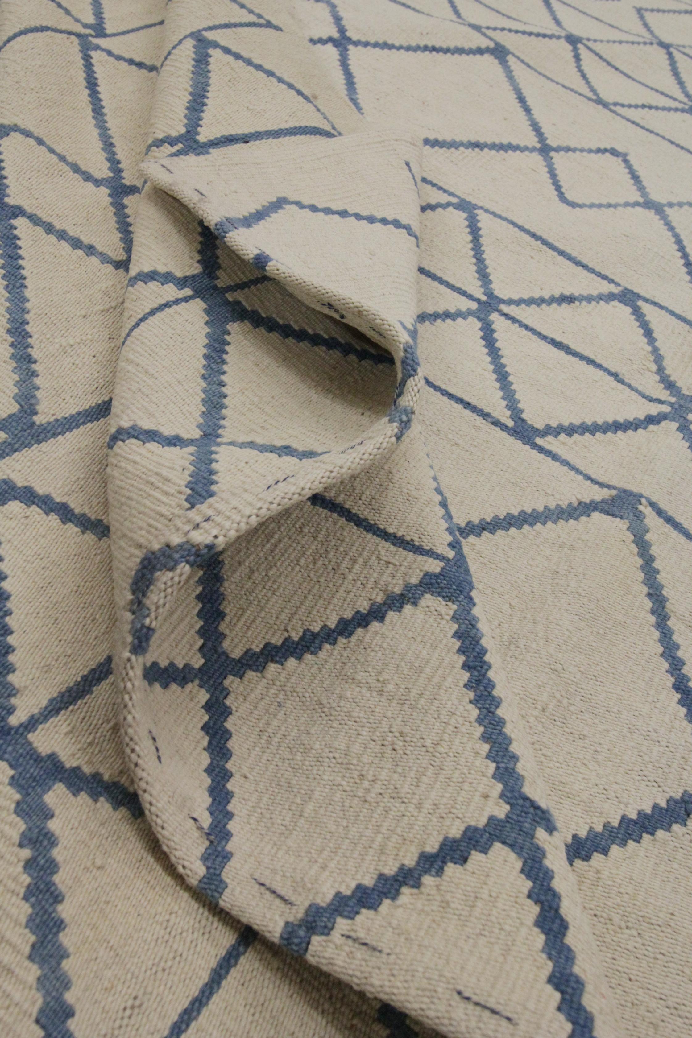 Wool Modern Kilim Rug Carpet Geometric Flat Cream Abstract Moroccan Blue Rug