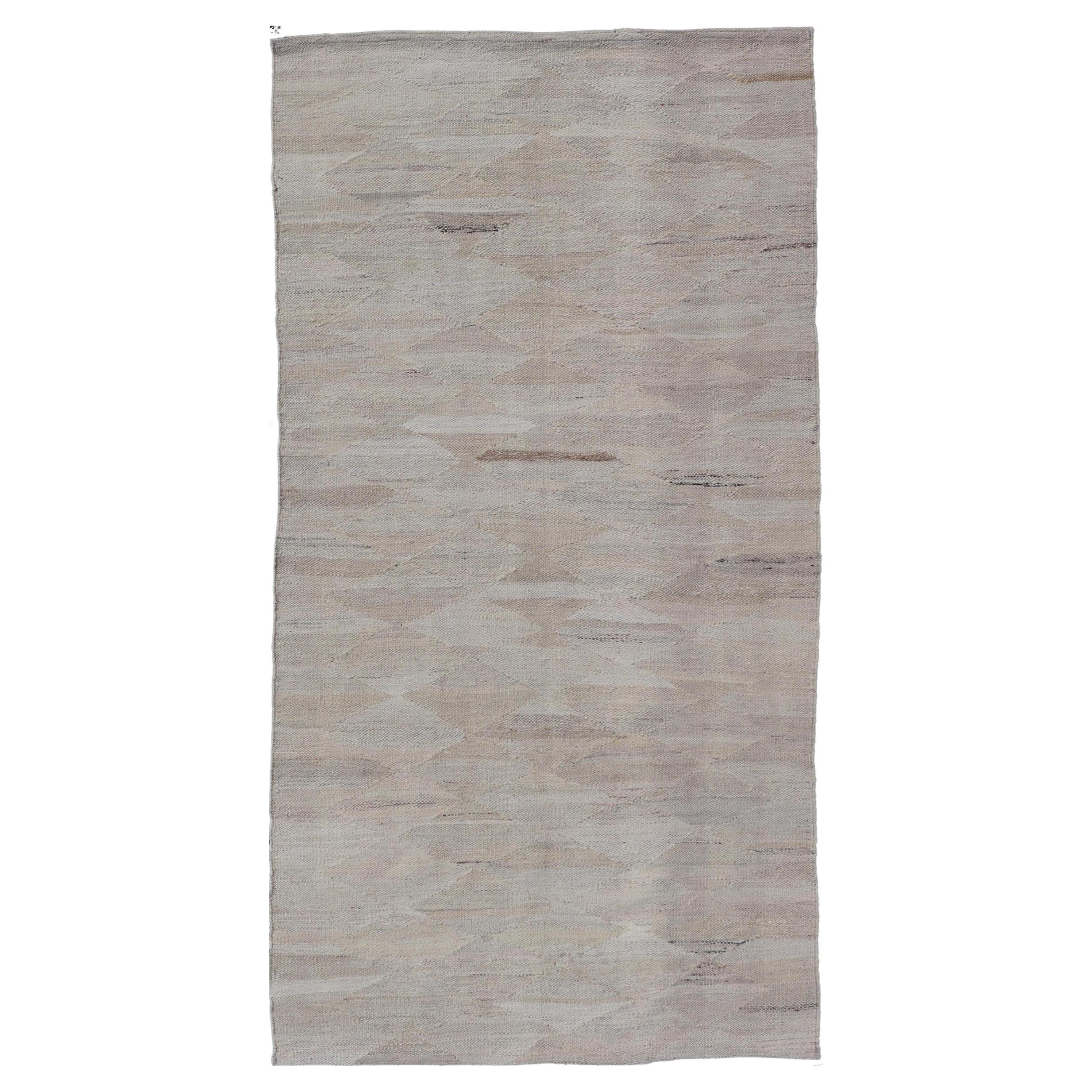 Modern Design Kilim Rug with Vertical Strip in White, Cream, Gray and