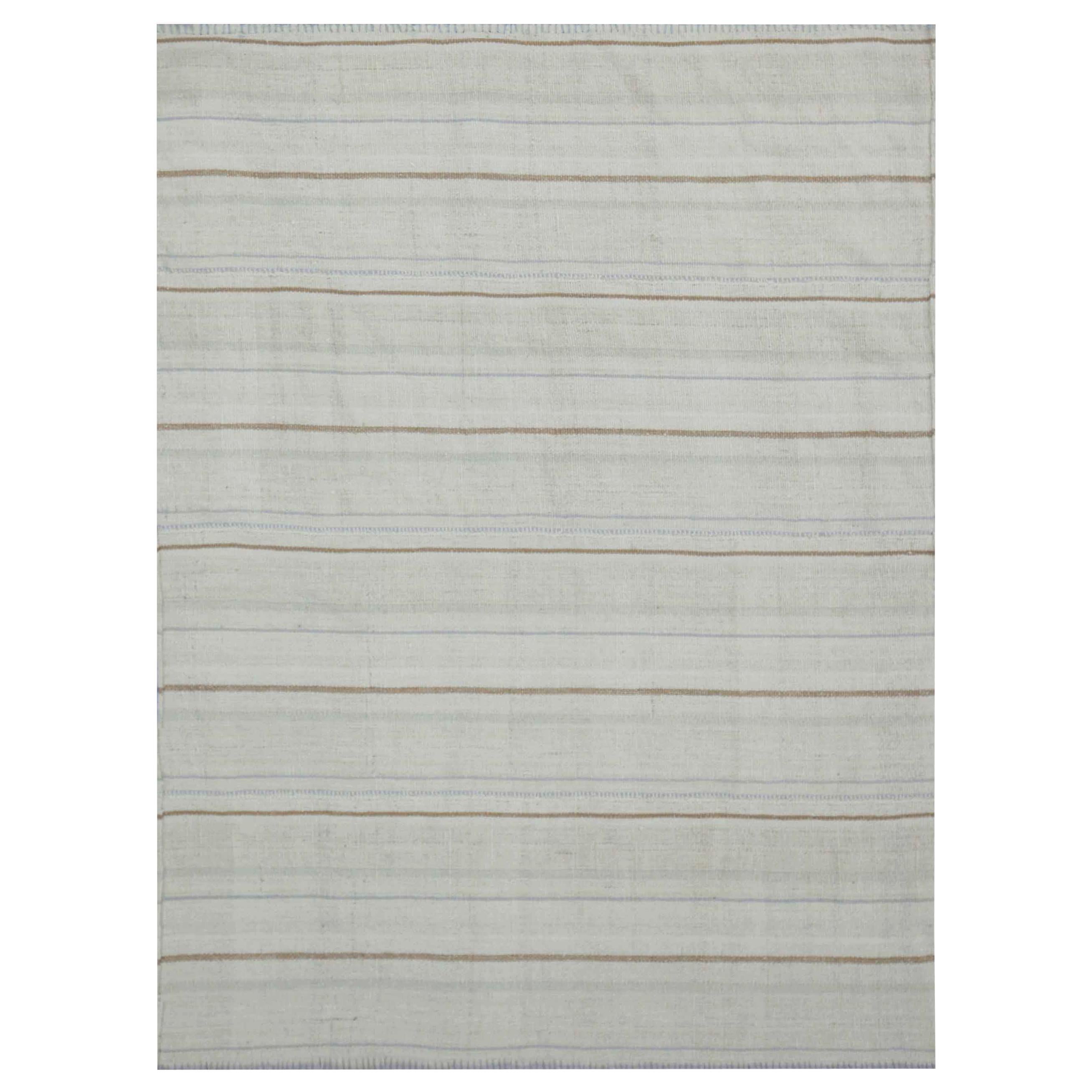 Modern Kilim Rug with Ivory Field and Stripes in White and Brown For Sale