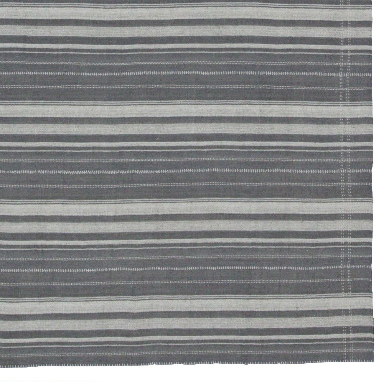Turkish Modern Kilim Rug with Ivory, Gray and White Stripes For Sale