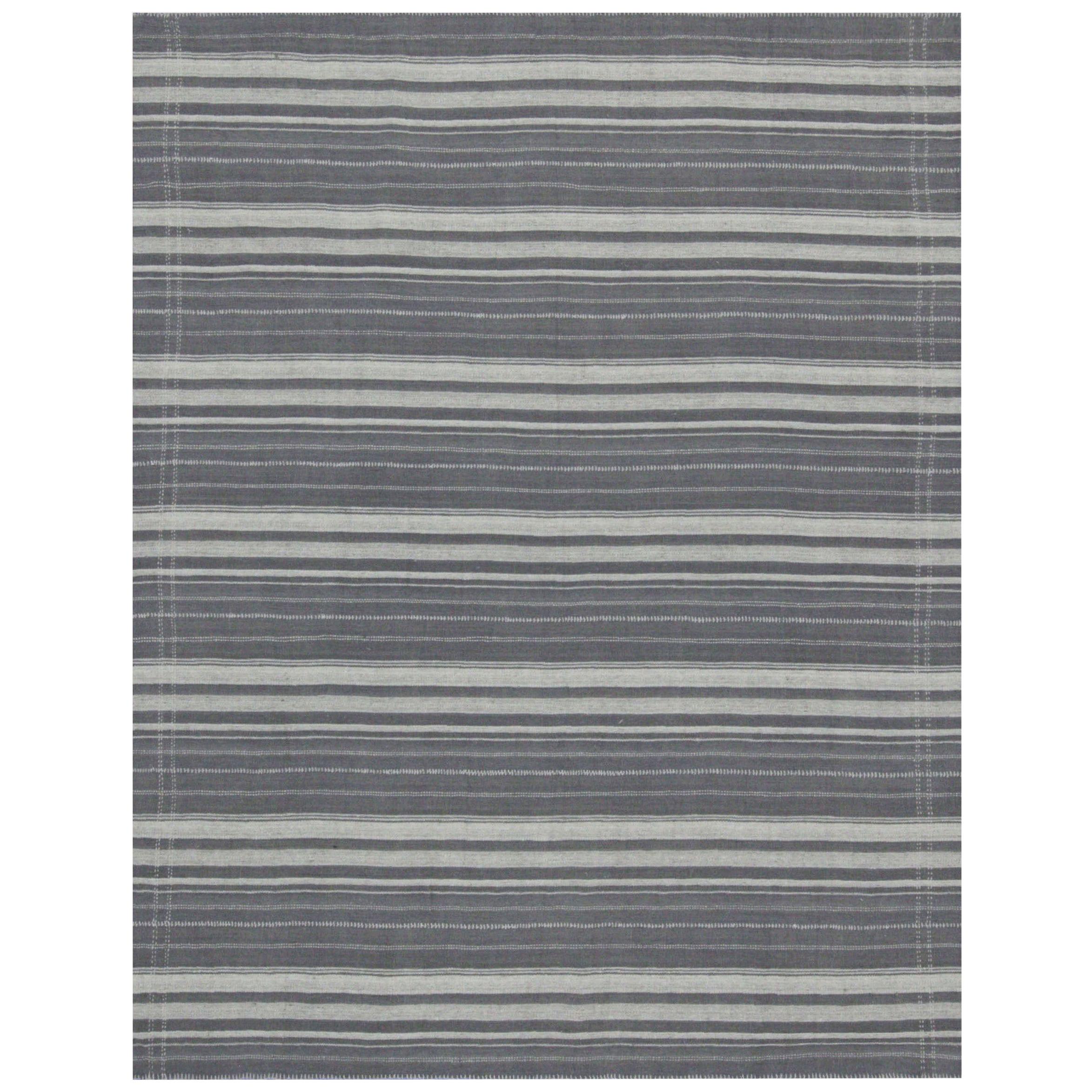 Modern Kilim Rug with Ivory, Gray and White Stripes