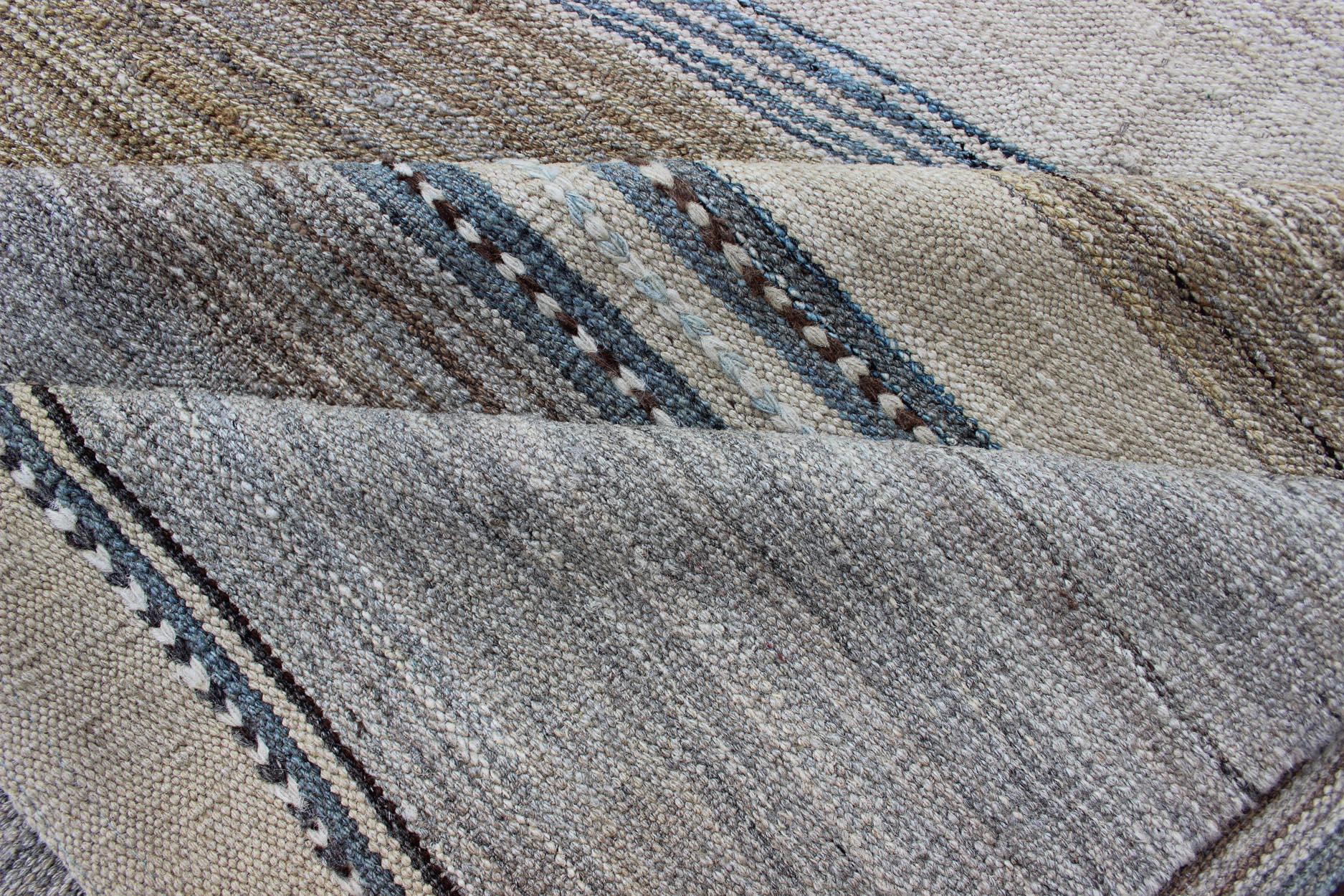 Contemporary Modern Kilim Rug With Large Stripes in Shades of Blue, Taupe, Light Brown, Gray  For Sale