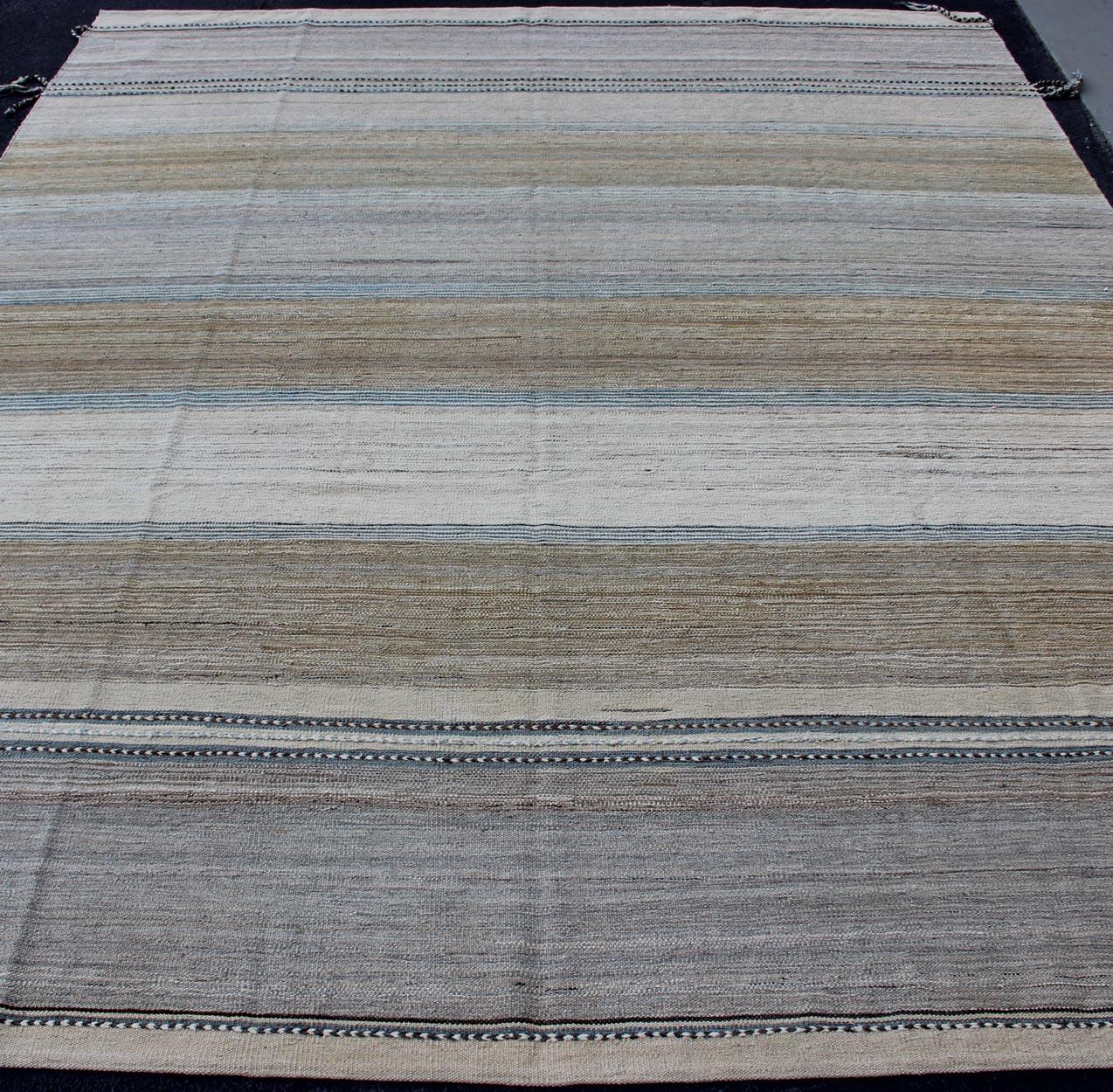 Afghan Modern Kilim Rug With Large Stripes in Shades of Blue, Taupe, Light Brown, Gray  For Sale