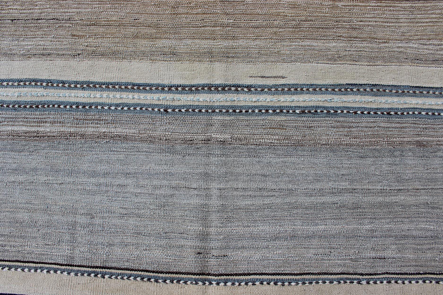 Hand-Knotted Modern Kilim Rug With Large Stripes in Shades of Blue, Taupe, Light Brown, Gray  For Sale