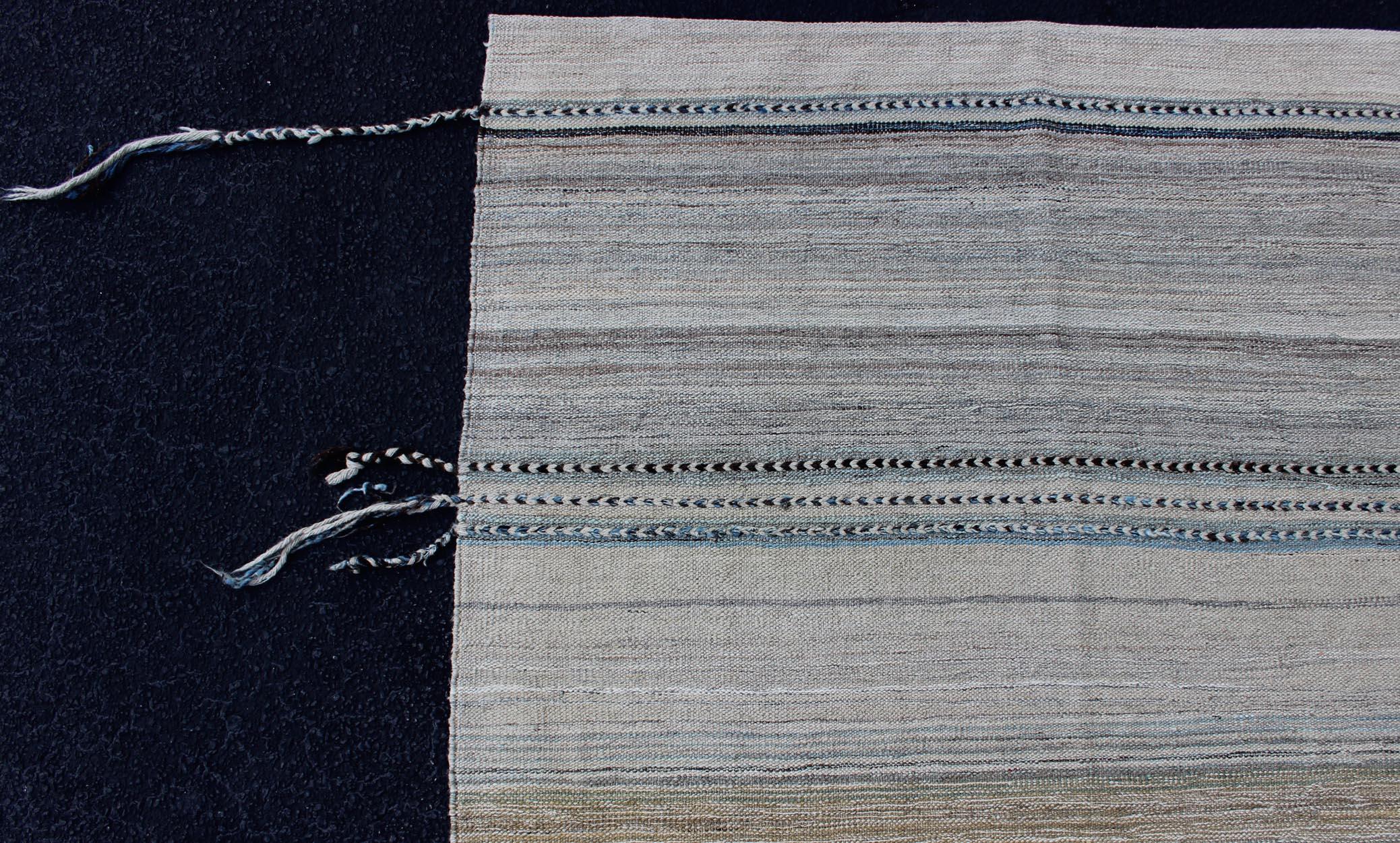Modern Kilim Rug With Large Stripes in Shades of Blue, Taupe, Light Brown, Gray  In New Condition For Sale In Atlanta, GA