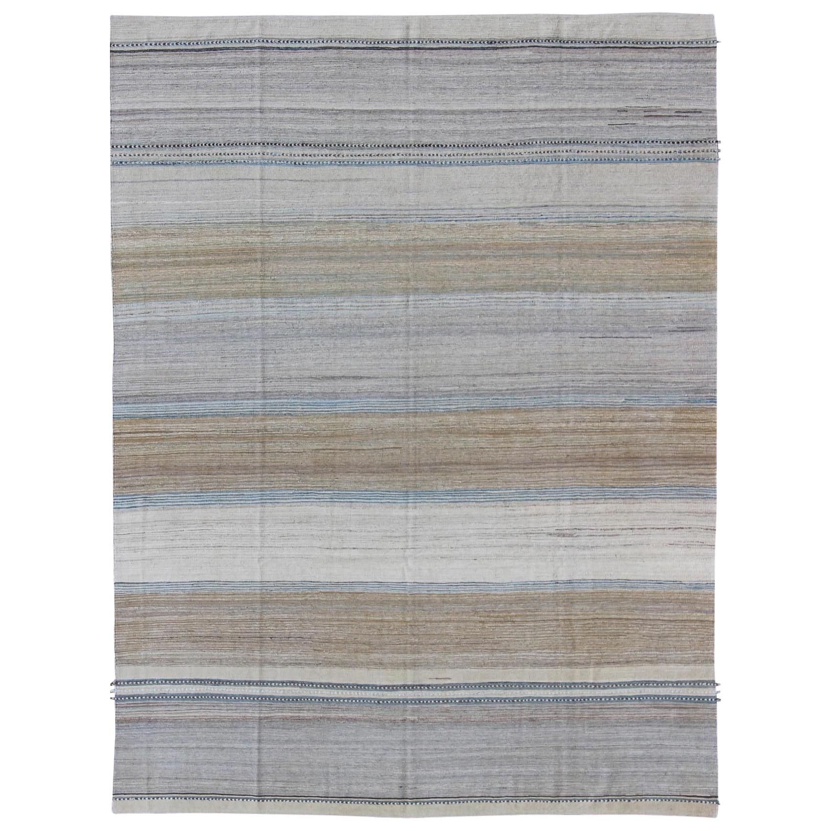 Modern Kilim Rug With Large Stripes in Shades of Blue, Taupe, Light Brown, Gray 